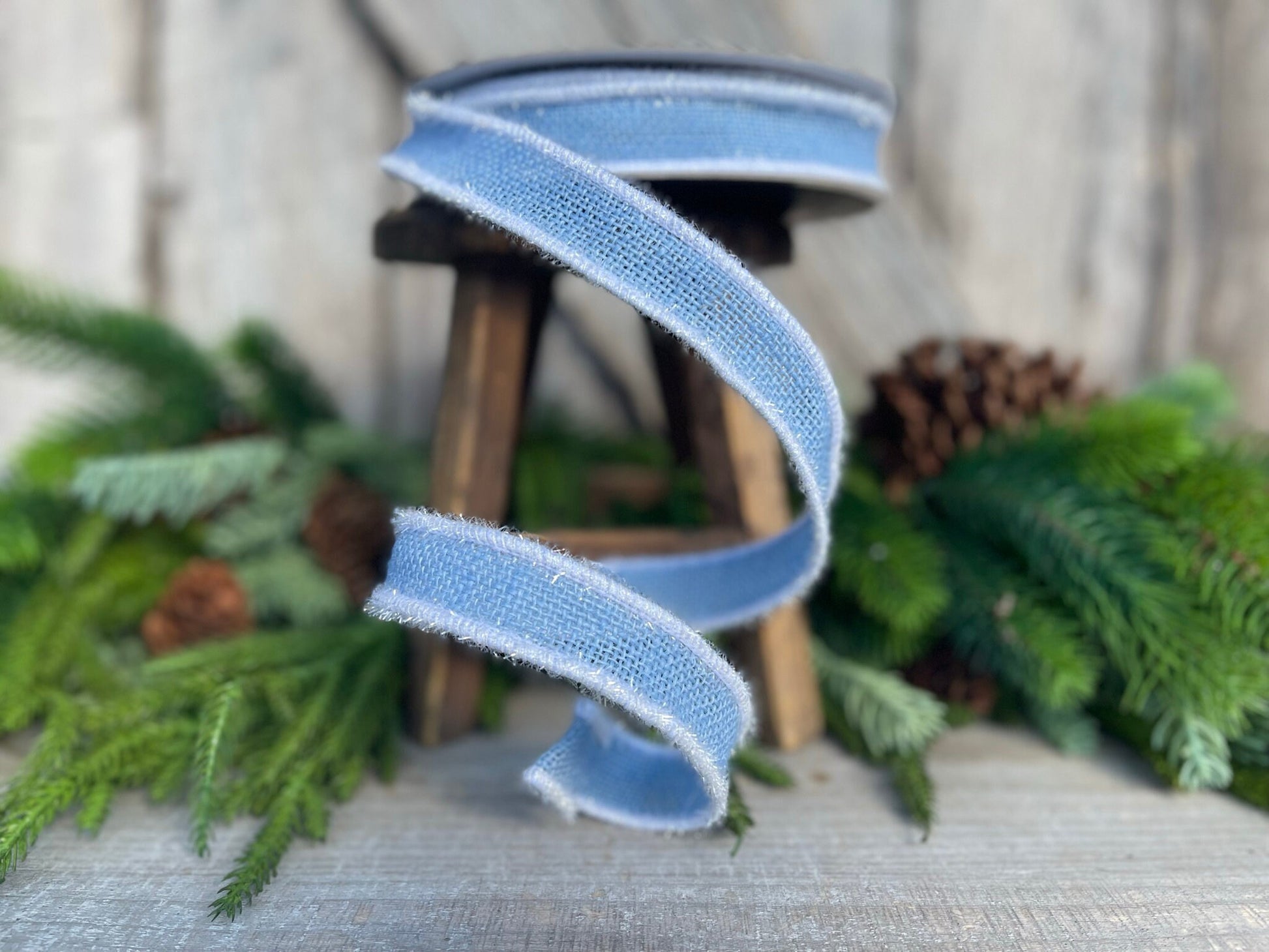 1" Blue Frosty Burlap, Farrisilk Ribbon, Christmas Ribbon