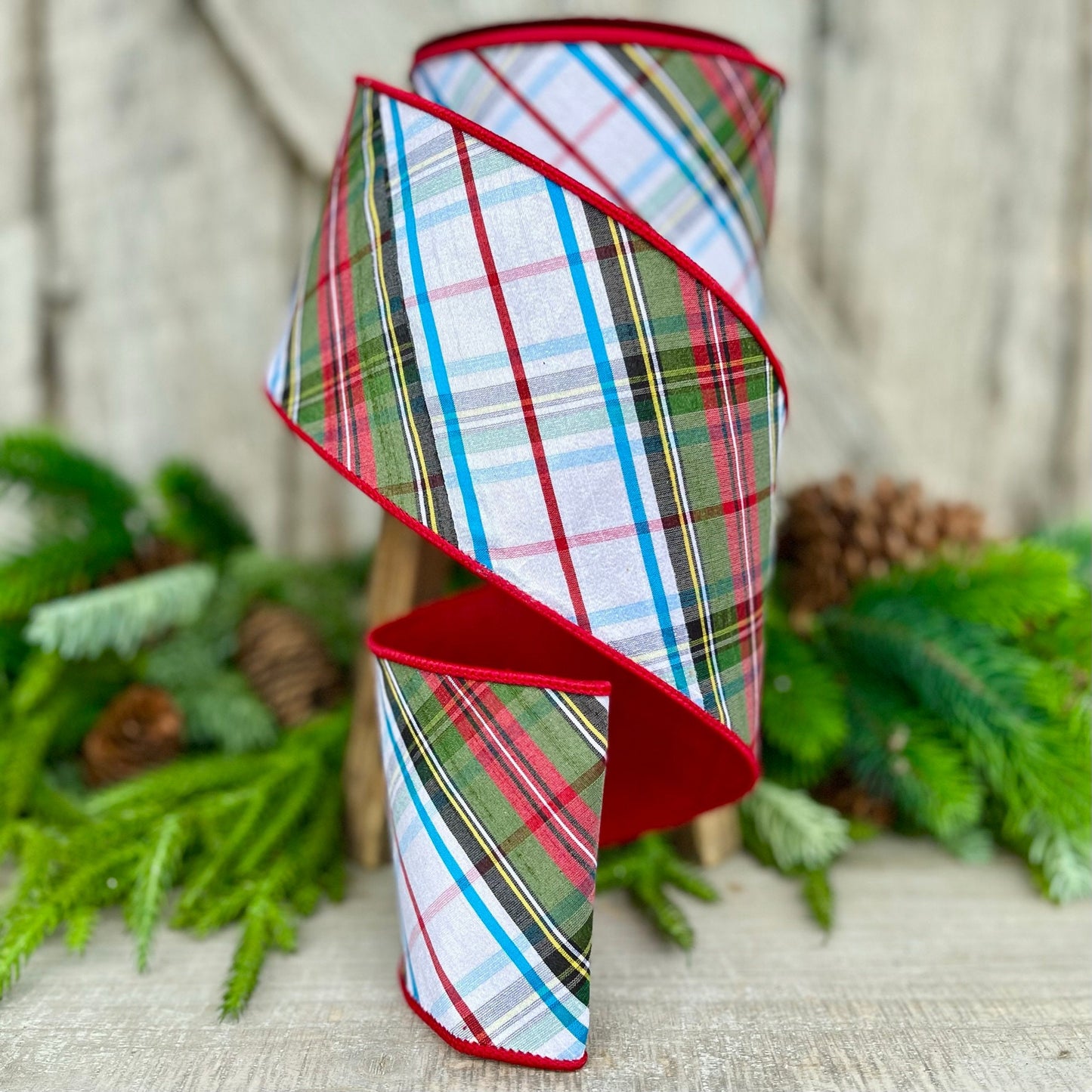 4" Christmas Diagonal Plaid RIbbon, Farrisilk Ribbon