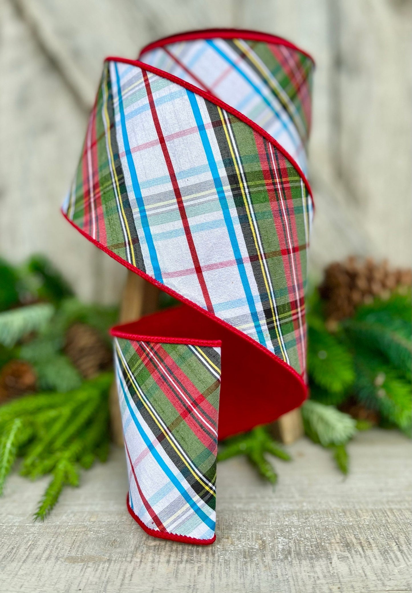 4" Christmas Diagonal Plaid RIbbon, Farrisilk Ribbon