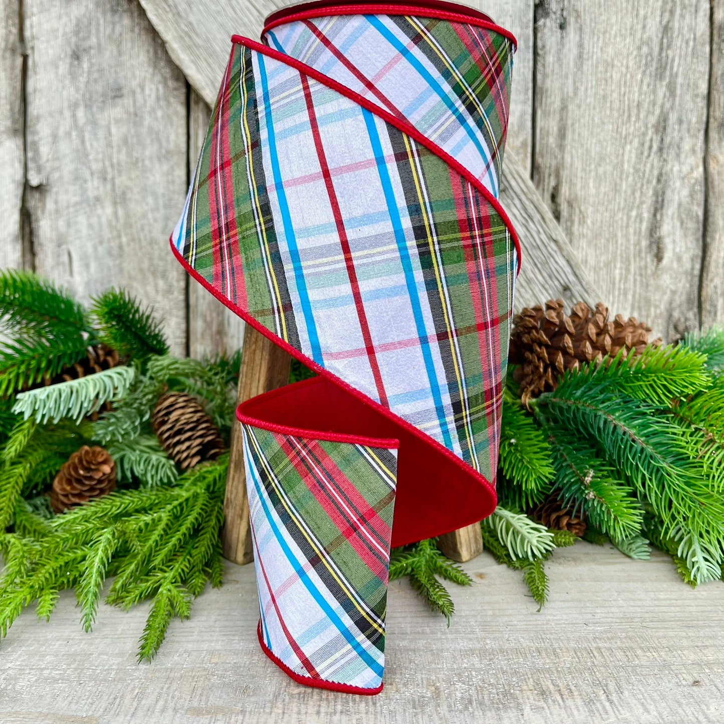 4" Christmas Diagonal Plaid RIbbon, Farrisilk Ribbon, Wired Ribbon