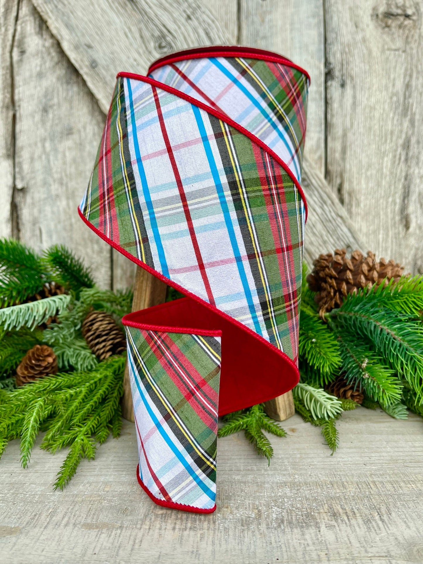 4" Christmas Diagonal Plaid RIbbon, Farrisilk Ribbon