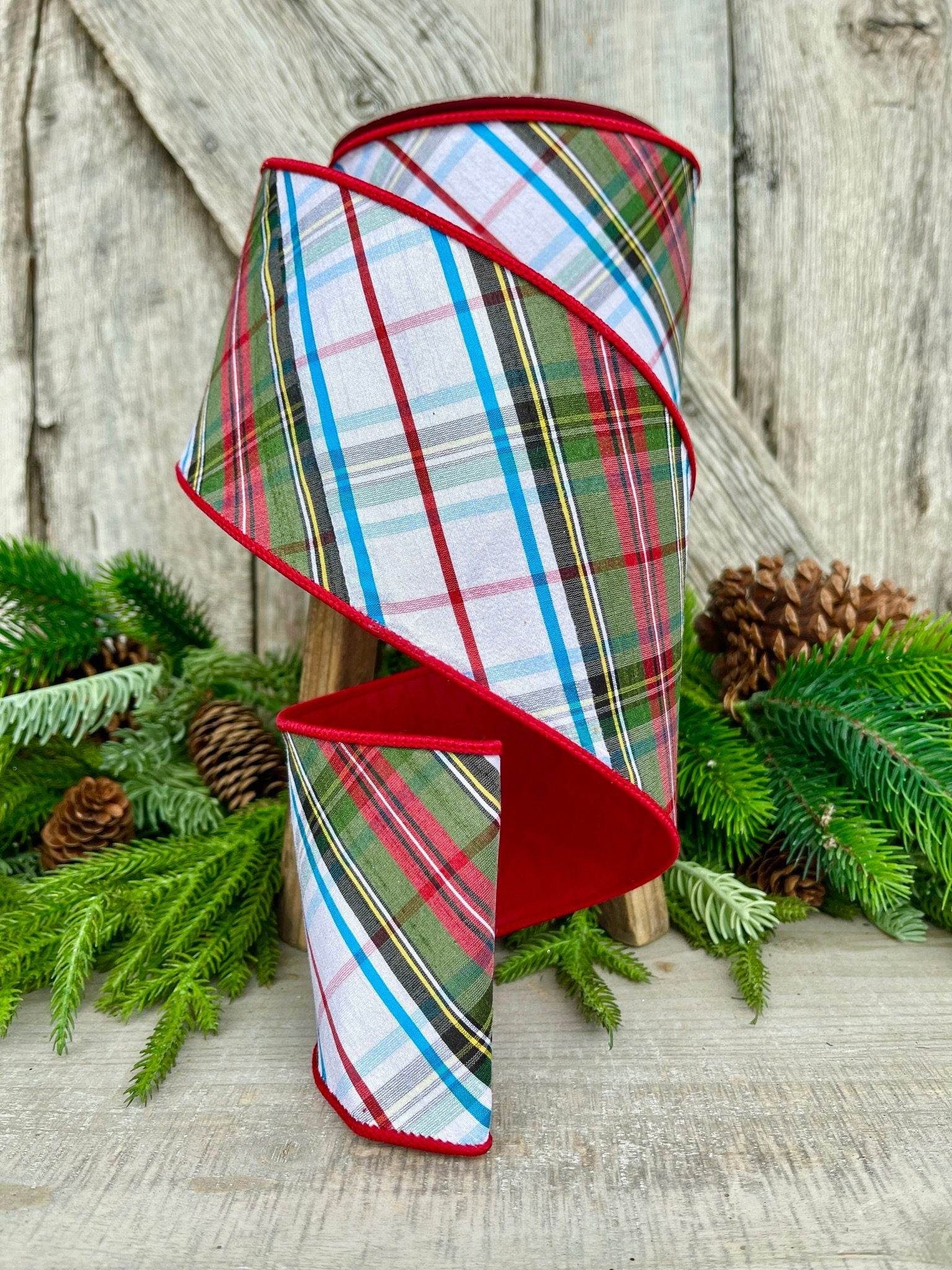 4" Christmas Diagonal Plaid RIbbon, Farrisilk Ribbon, Wired Ribbon