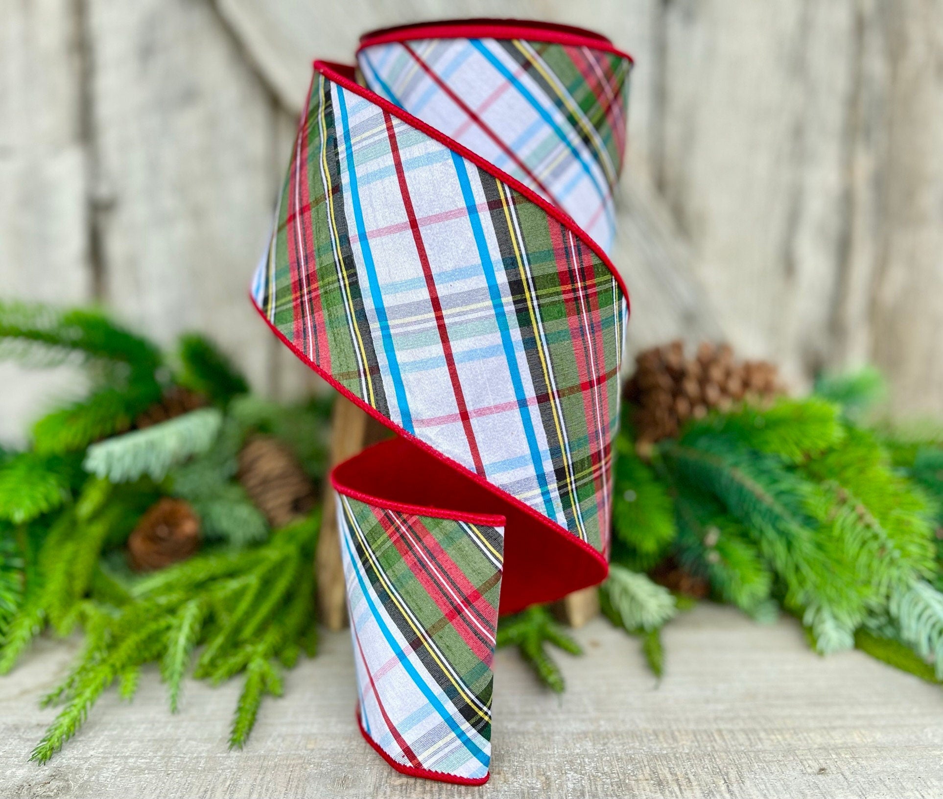 4" Christmas Diagonal Plaid RIbbon, Farrisilk Ribbon