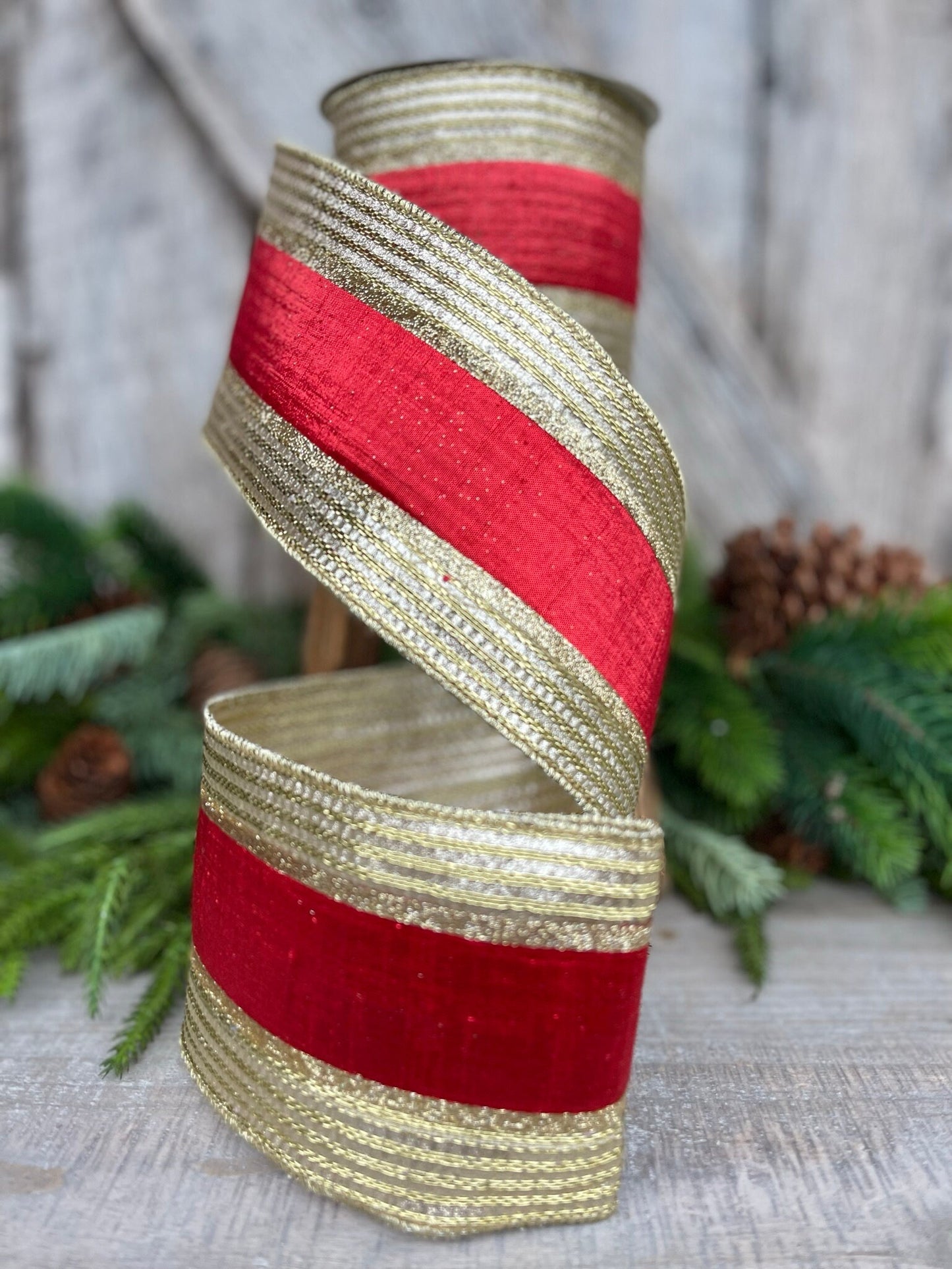 4" Red Gold Metallic Borders Ribbon, Farrisilk Ribbon, Christmas Ribbon