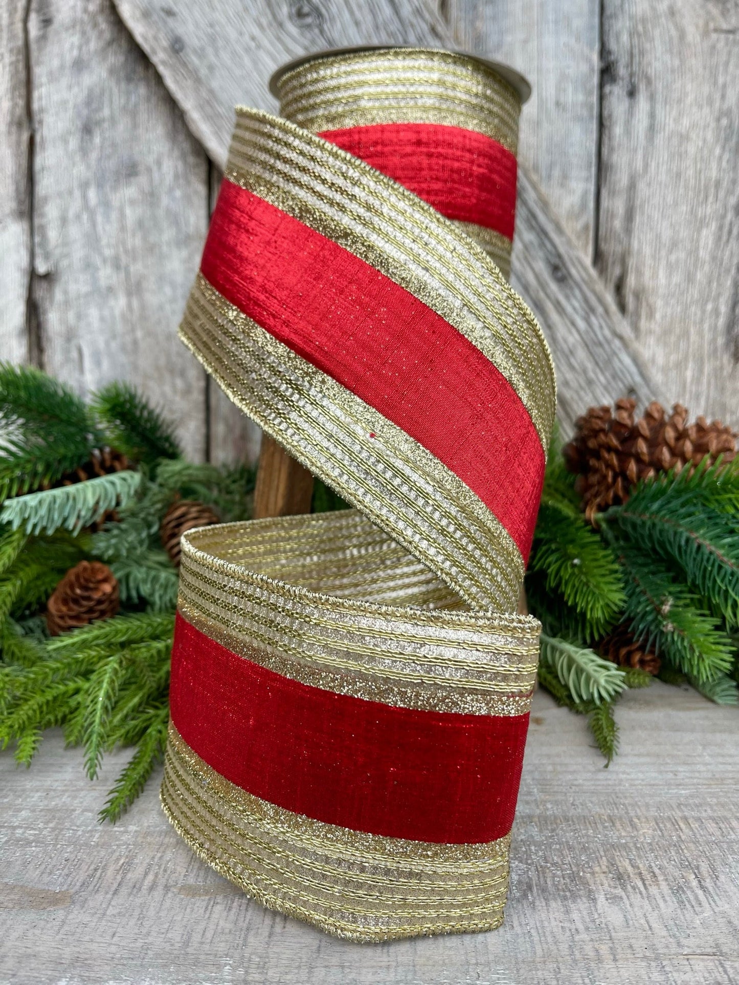 4" Red Gold Metallic Borders Ribbon, Farrisilk Ribbon