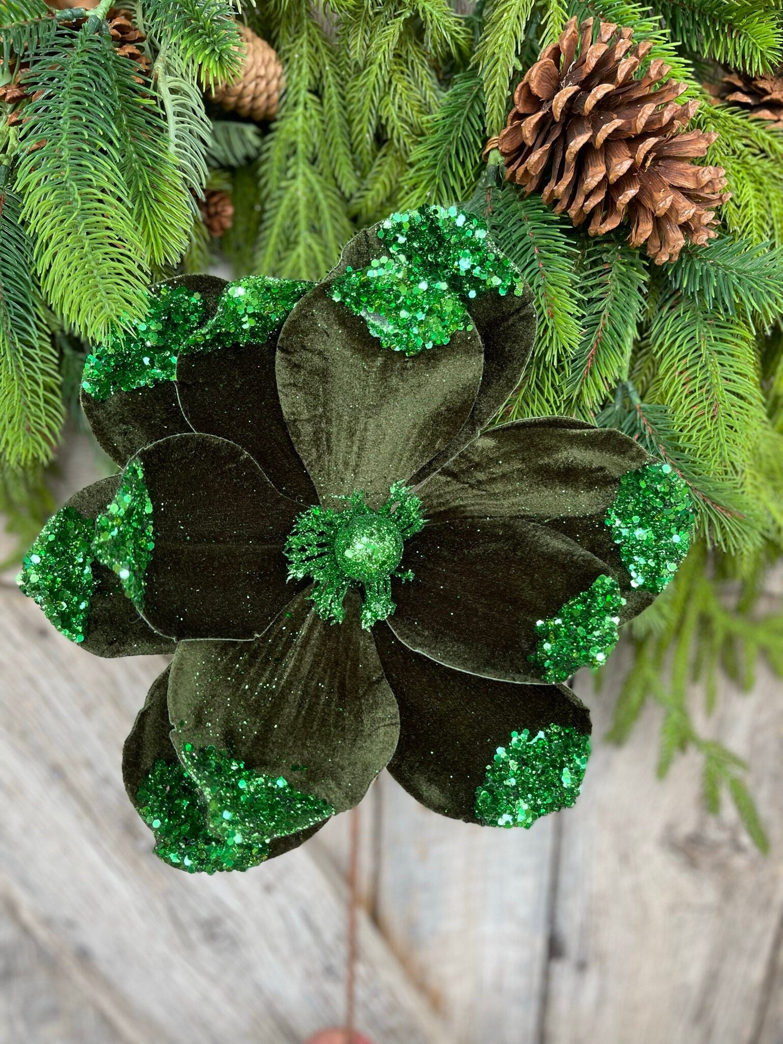 21" Emerald Green Velvet Magnolia, Christmas Magnolia, Faux Magnolia Stem