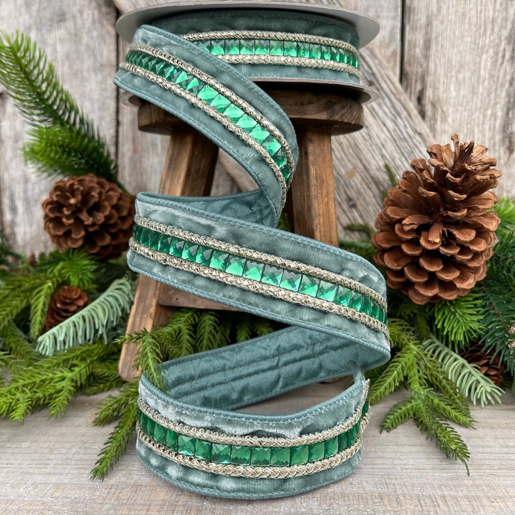 Teal Emeral Cut Gemstones Ribbon, 1.5" Teal velvet jeweled ribbon, Christmas Ribbon