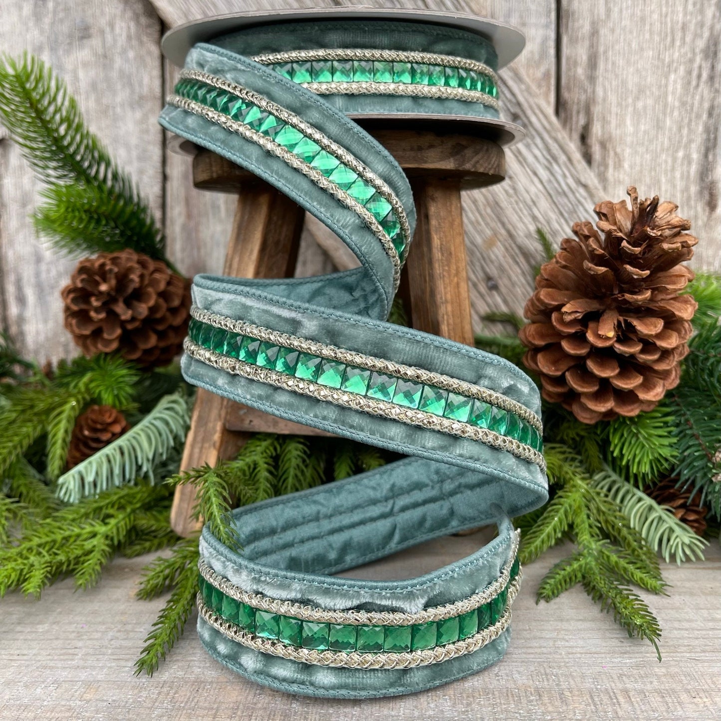 Teal Emeral Cut Gemstones Ribbon, 1.5" Teal velvet jeweled ribbon, Christmas Ribbon