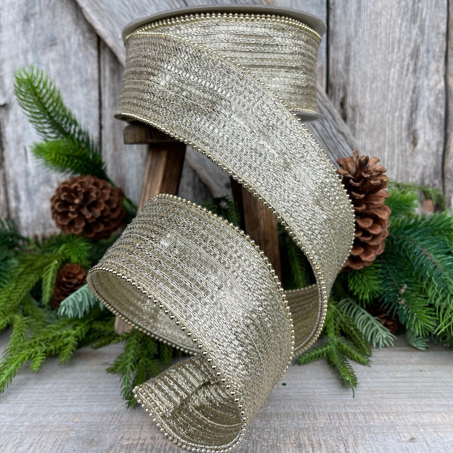 2.5" Platinum Gold Metallic Ribbon, Farrisilk Ribbon, Platinum Gold Metallic Jingle Ribbon