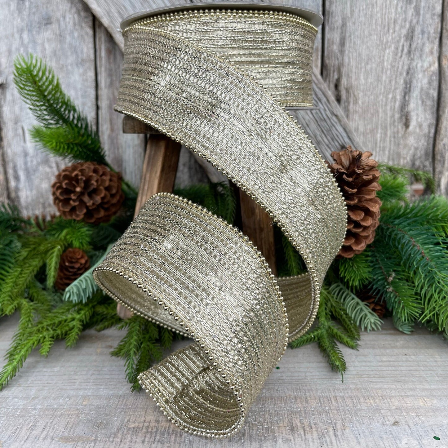 2.5" Platinum Gold Metallic Ribbon, Farrisilk Ribbon, Platinum Gold Metallic Jingle Ribbon