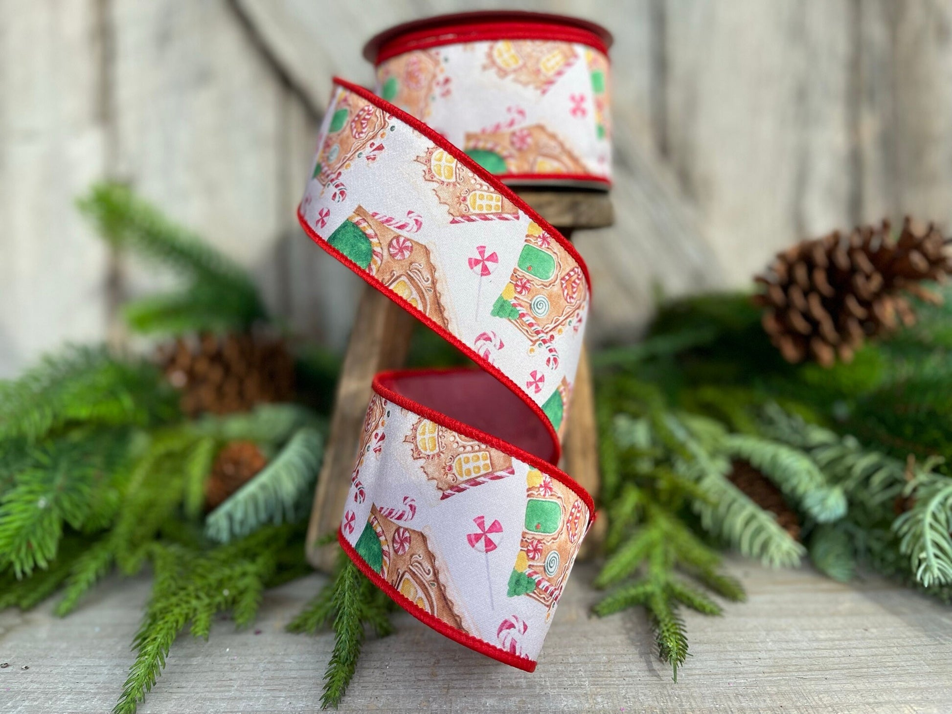 2.5" Gingerbread ribbon, red Christmas ribbon, gingerbread Christmas ribbon