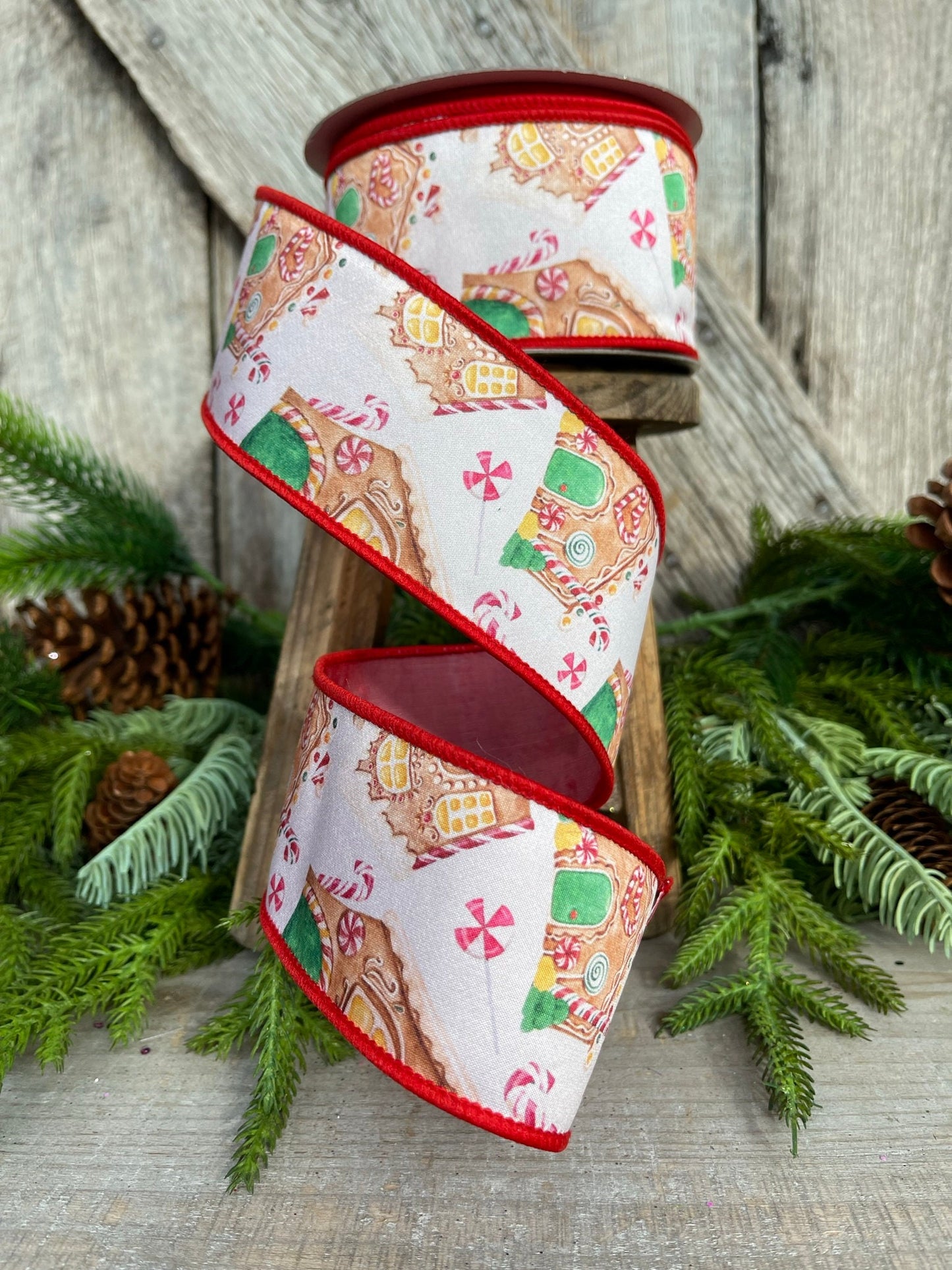 2.5" Gingerbread ribbon, red Christmas ribbon