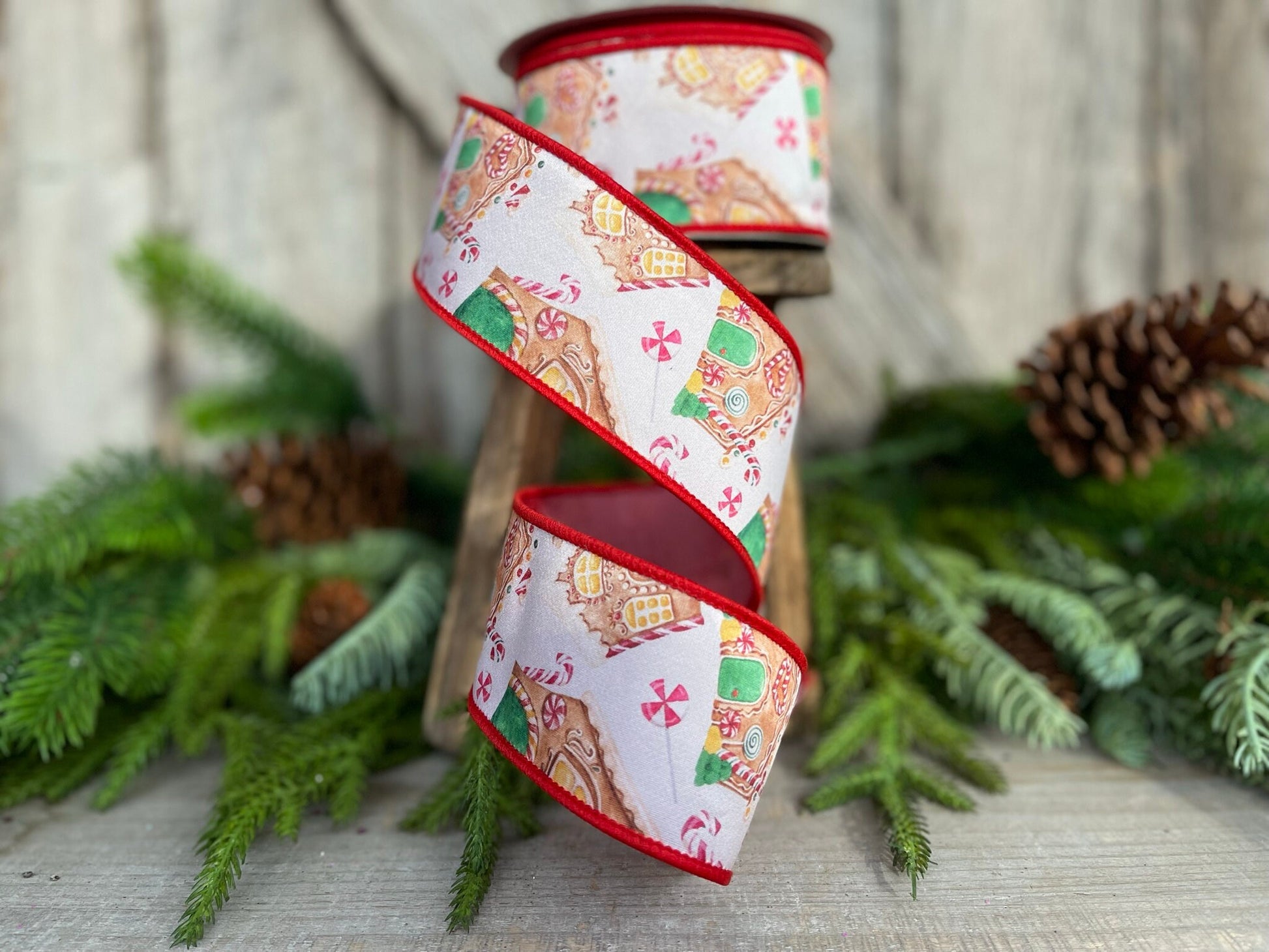 2.5" Gingerbread ribbon, red Christmas ribbon, gingerbread Christmas ribbon