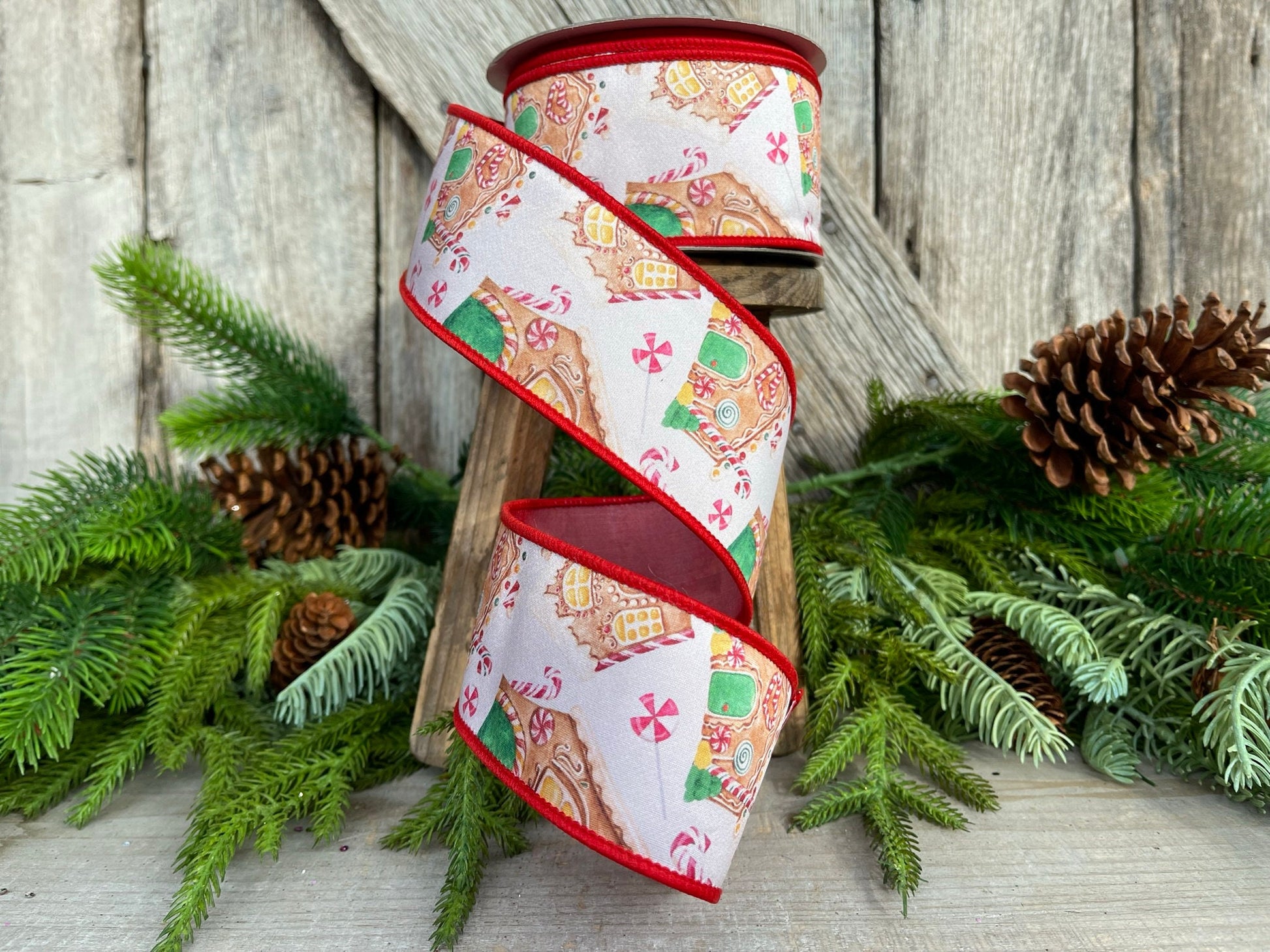 2.5" Gingerbread ribbon, red Christmas ribbon, gingerbread Christmas ribbon