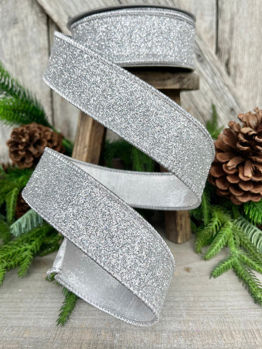 1.5" Silver Glitter Flash Wired RIbbon, Farrisilk Ribbon, Silver Ribbon