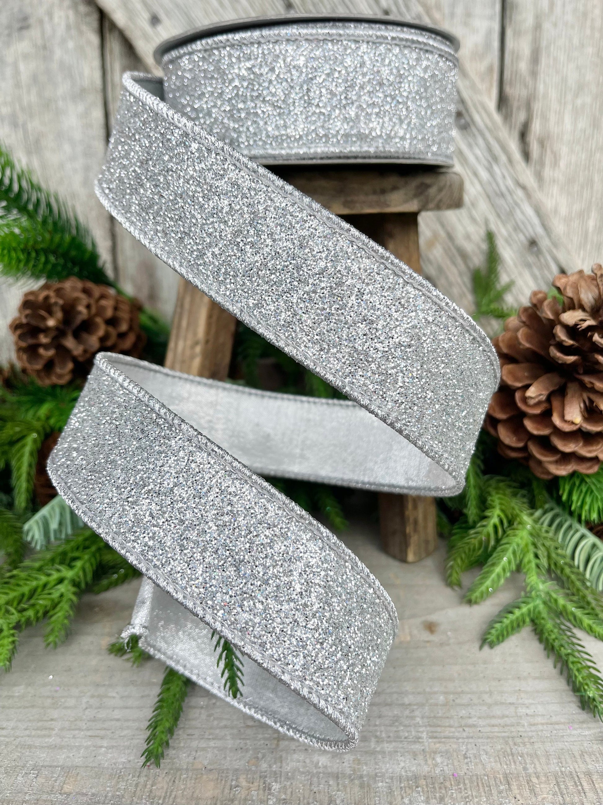 1.5" Silver Glitter Flash Wired RIbbon, Farrisilk Ribbon