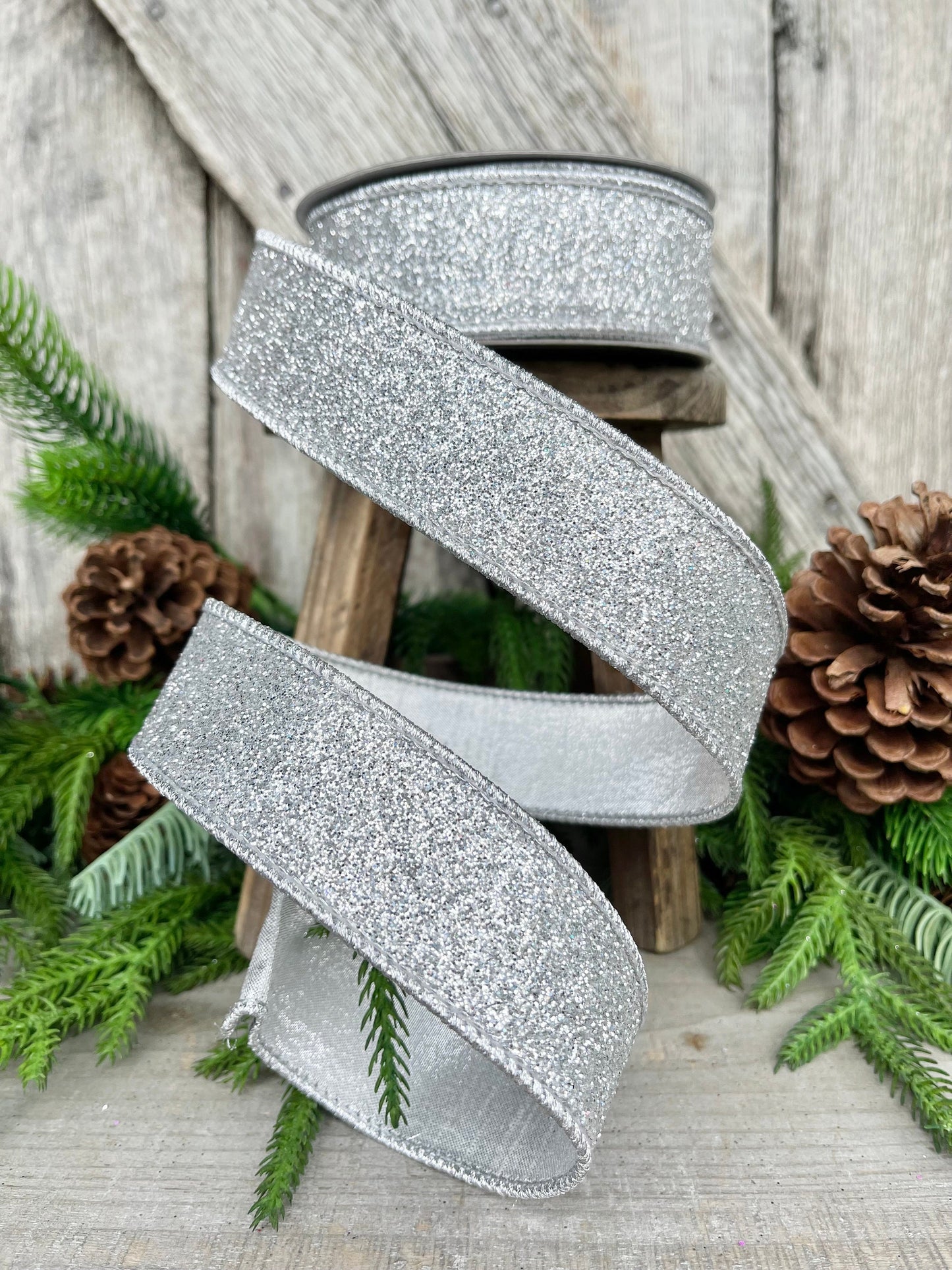 1.5" Silver Glitter Flash Wired RIbbon, Farrisilk Ribbon