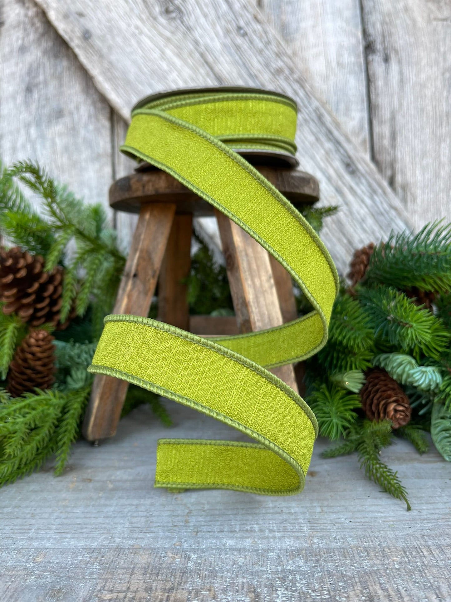 1" Olive Ribbon, Farrisilk Shabby Silk, 1 inch ribbon