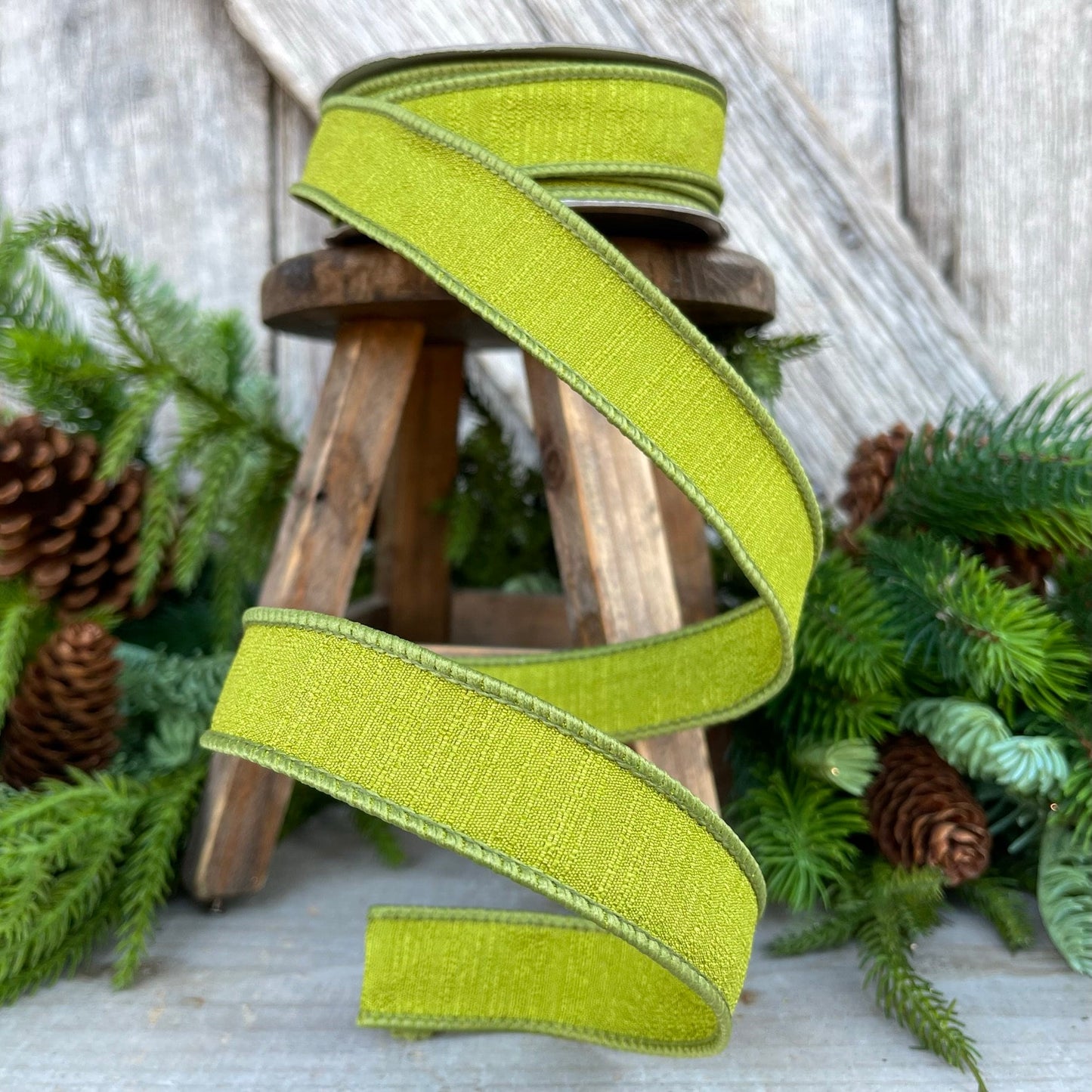 1" Olive Ribbon, Farrisilk Shabby Silk, 1 inch ribbon