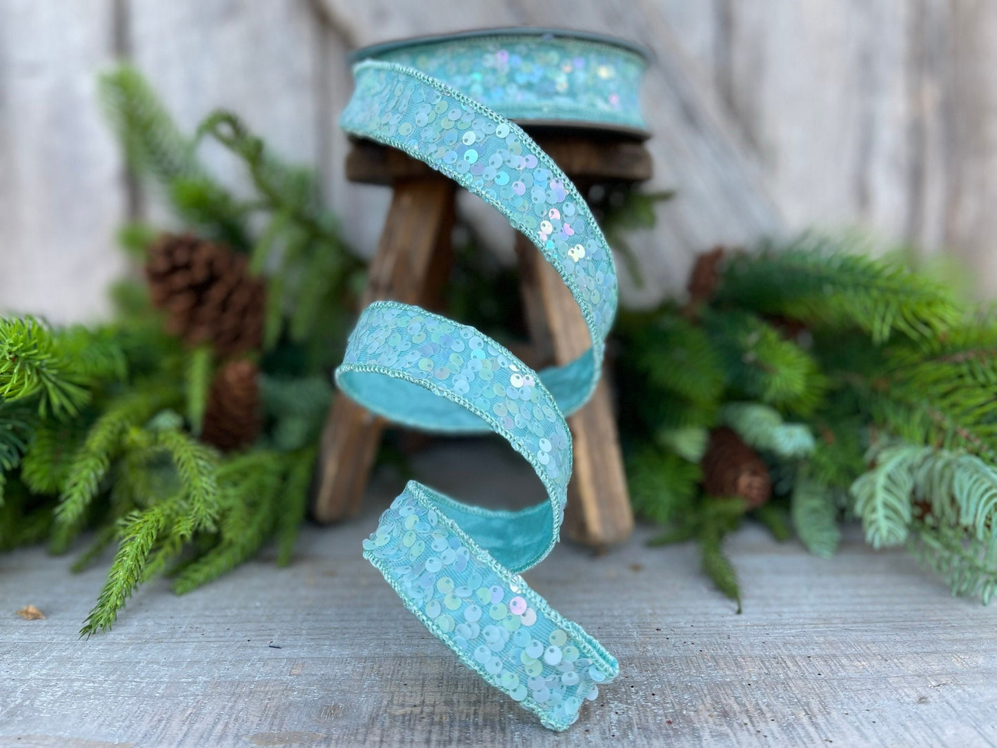 1" Light Blue Sequin Ribbon, Wired Ribbon, Flashy Sequin Ribbon