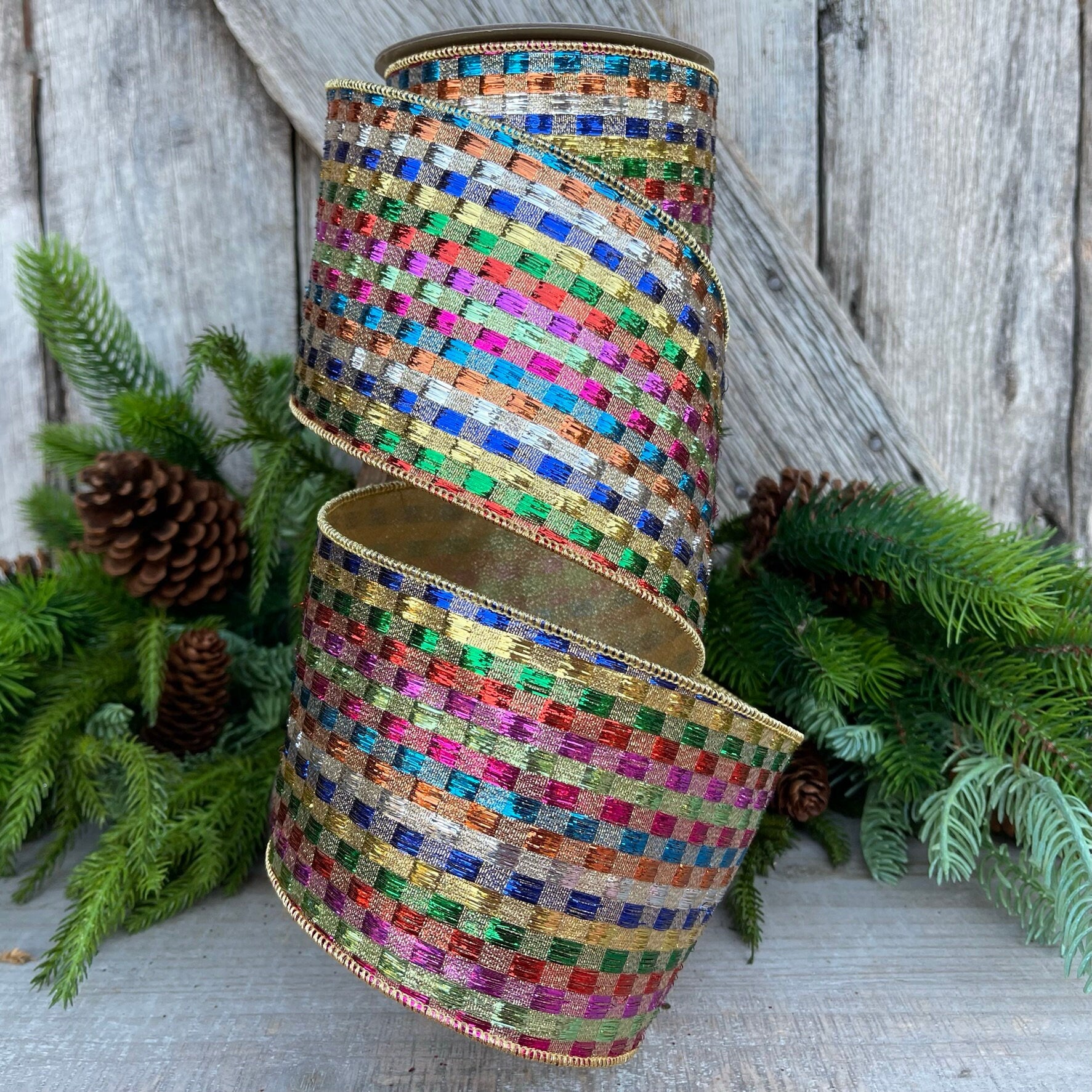 4" Tinsel Checks Ribbon, Farrisilk Ribbon