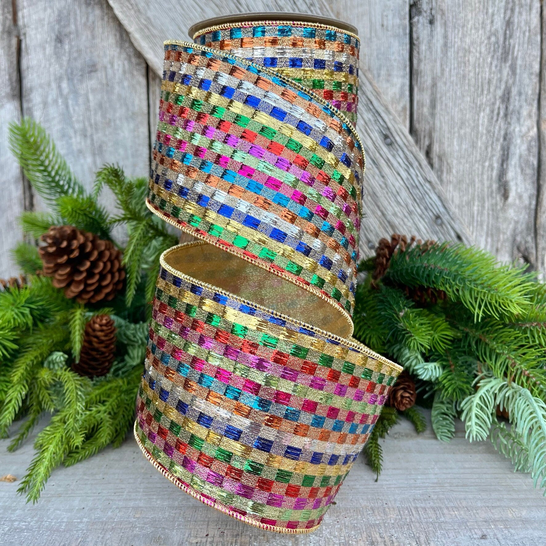 4" Tinsel Checks Ribbon, Farrisilk Ribbon