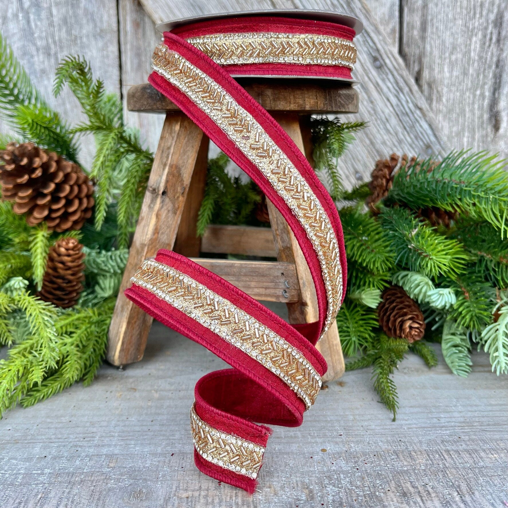 1" Burgundy Beaded RIbbon, Farrisilk Ribbon, Burgundy Wired RIbbon