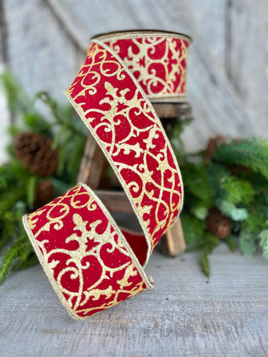 2.5" Red and Gold CASSIA ACANTHUS Ribbon, Farrisilk Ribbon