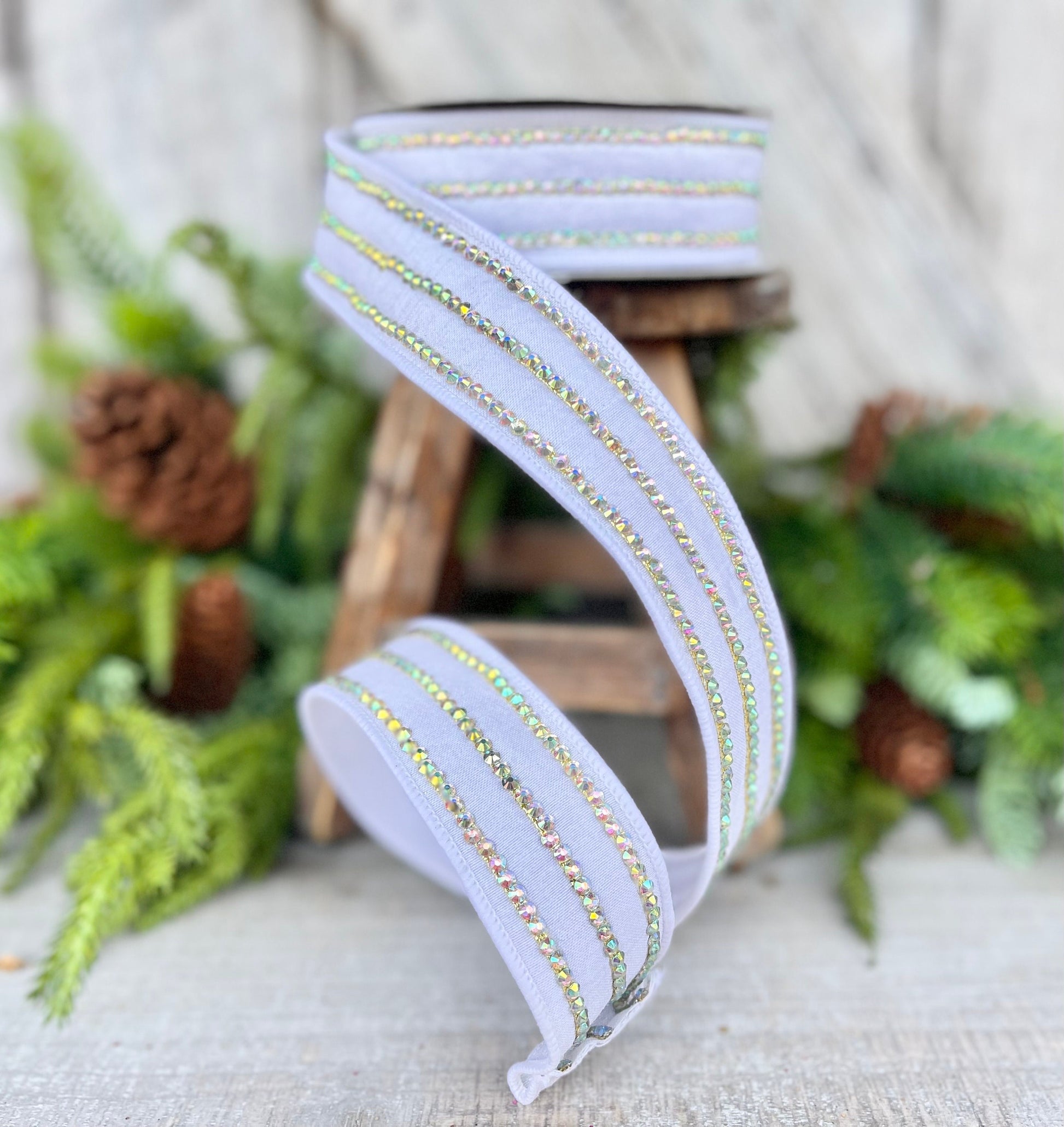 1.5" White Iridescent Jeweled Stripe Ribbon, Farrisilk Ribbon, Rhinestone Ribbon