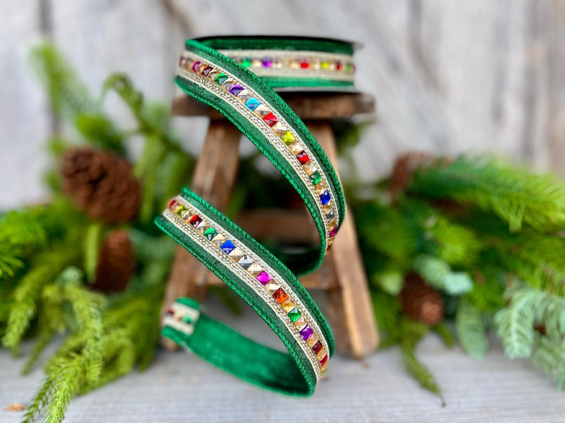 1" Emerald Green KALEIDOSCOPE Ribbon, Farrisilk Ribbon