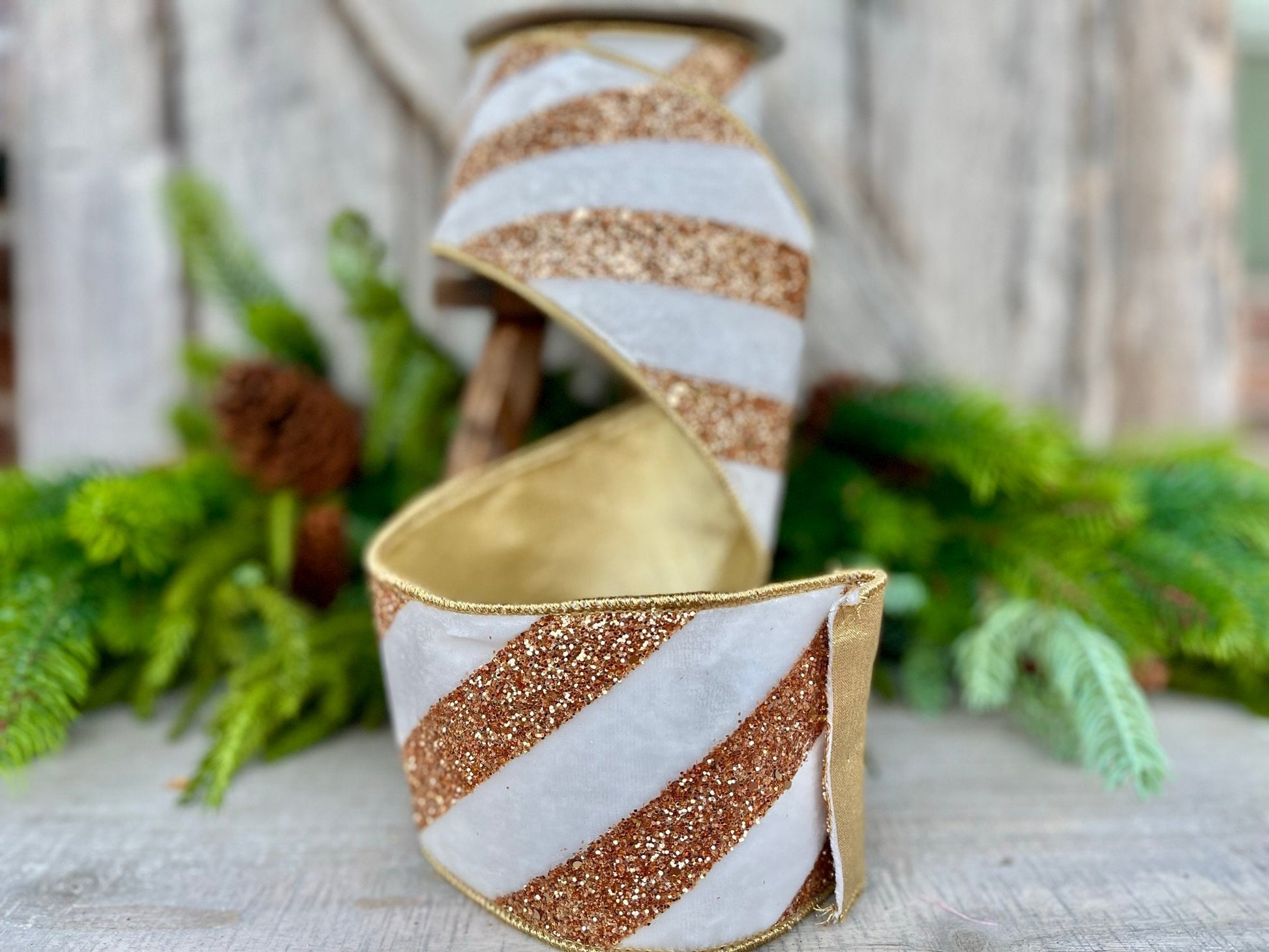 4" Ivory and Gold Glitter Diagonal Stripe, Christmas Tree Ribbon