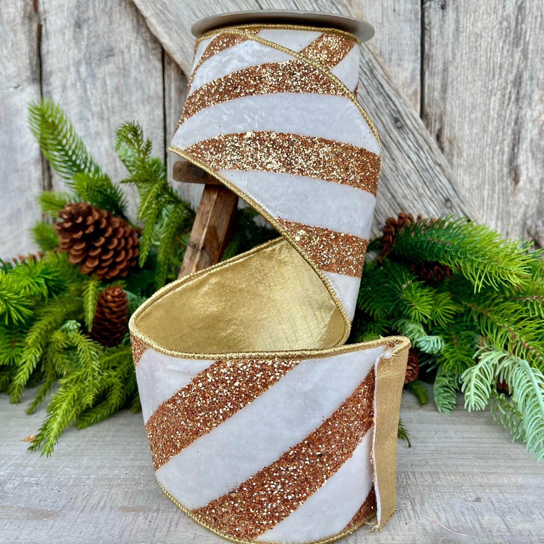 4" Ivory and Gold Glitter Diagonal Stripe, Christmas Tree Ribbon