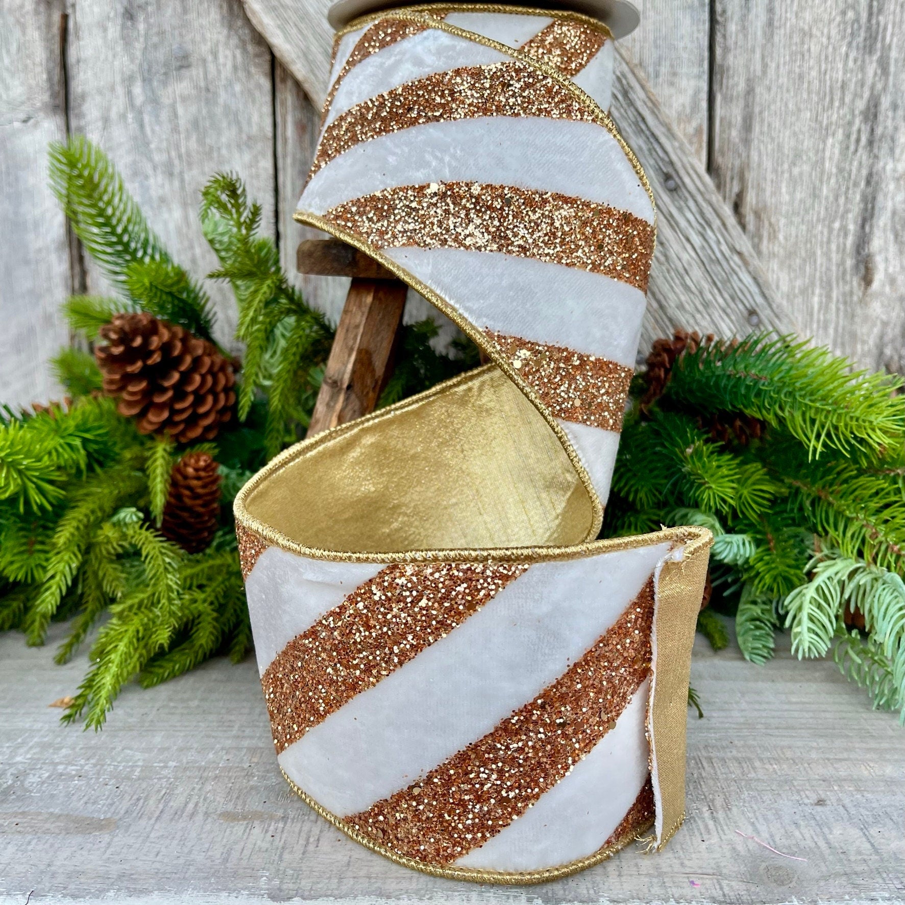 4" Ivory and Gold Glitter Diagonal Stripe, Christmas Tree Ribbon, White Velvet Ribbon