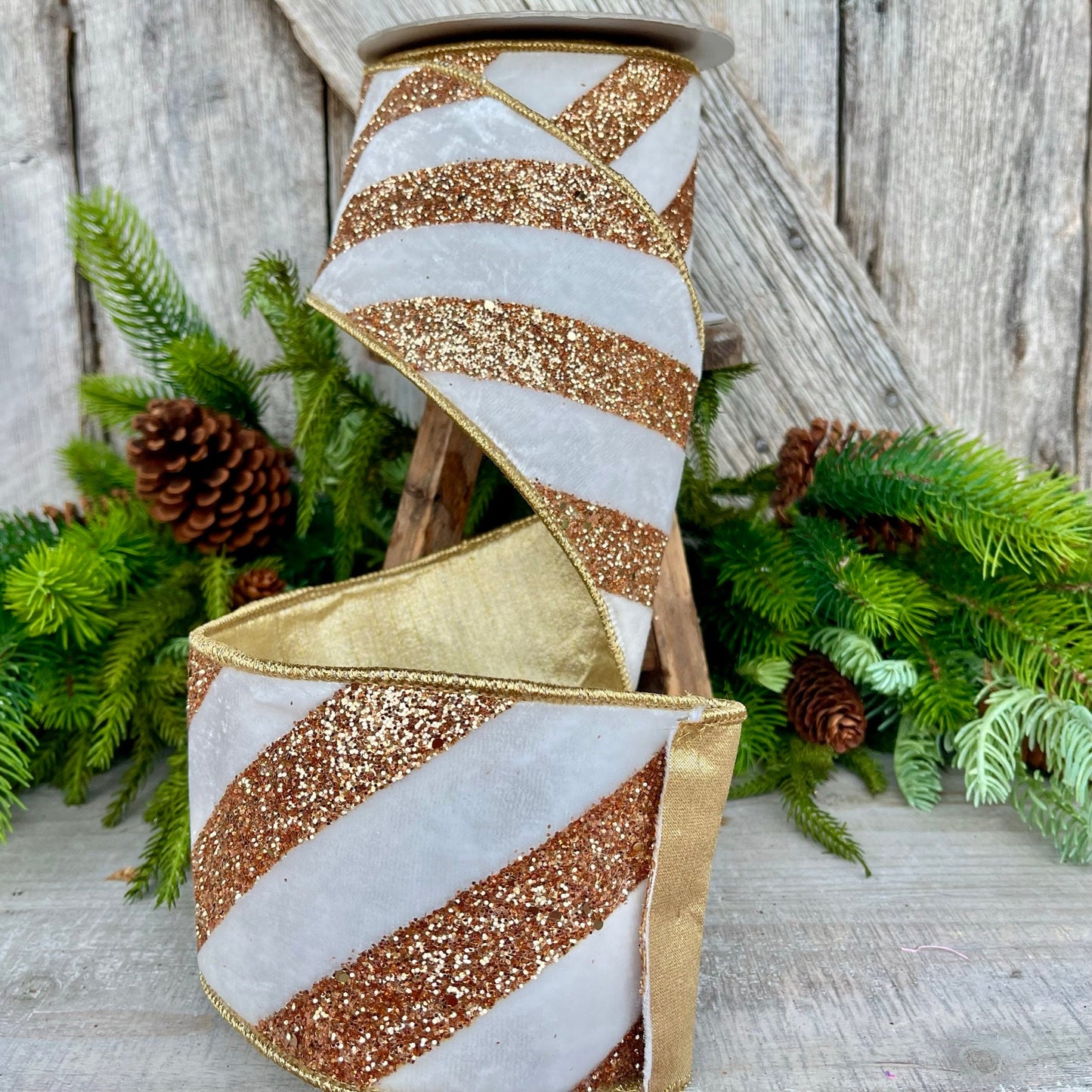 4" Ivory and Gold Glitter Diagonal Stripe, Christmas Tree Ribbon, White Velvet Ribbon