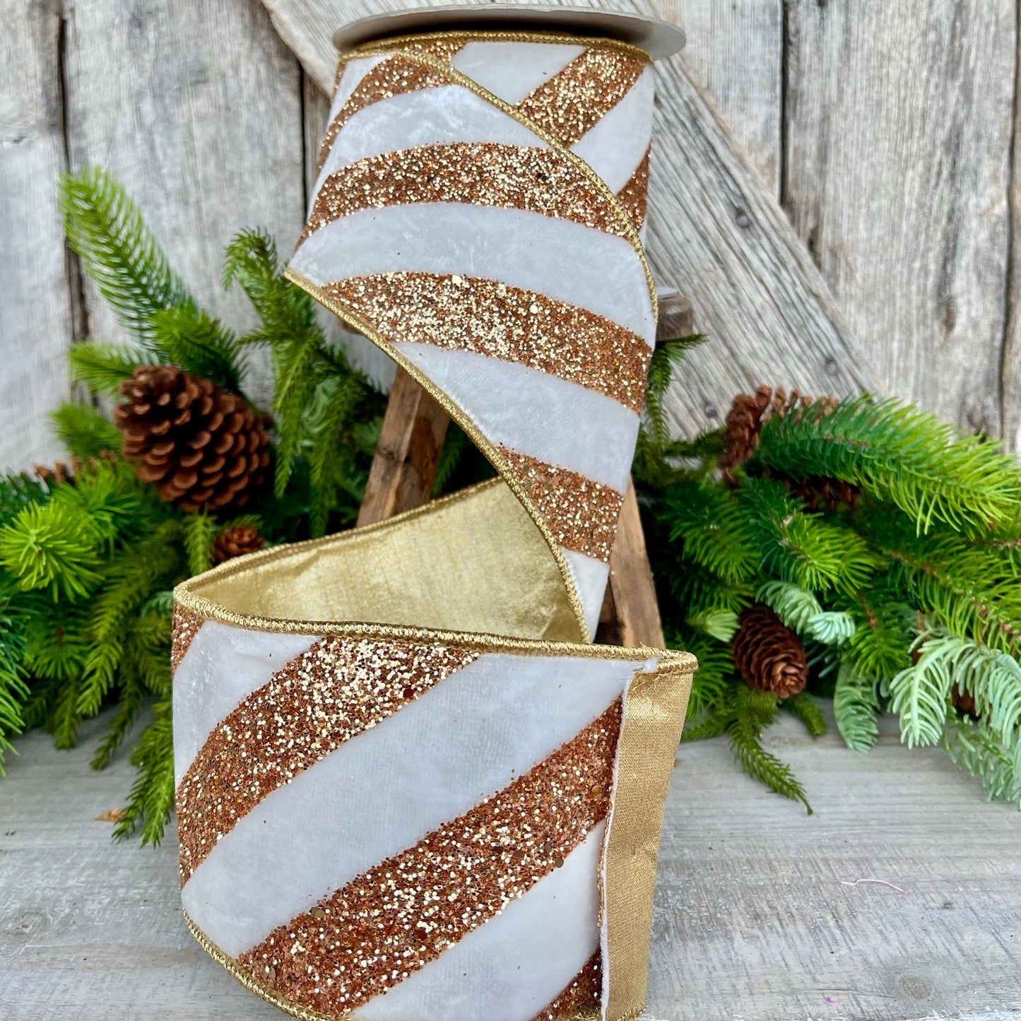 4" Ivory and Gold Glitter Diagonal Stripe, Christmas Tree Ribbon