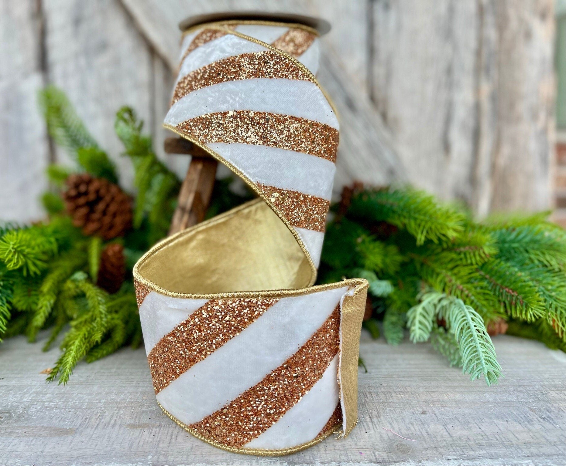 4" Ivory and Gold Glitter Diagonal Stripe, Christmas Tree Ribbon, White Velvet Ribbon