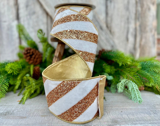 4" Ivory and Gold Glitter Diagonal Stripe, Christmas Tree Ribbon