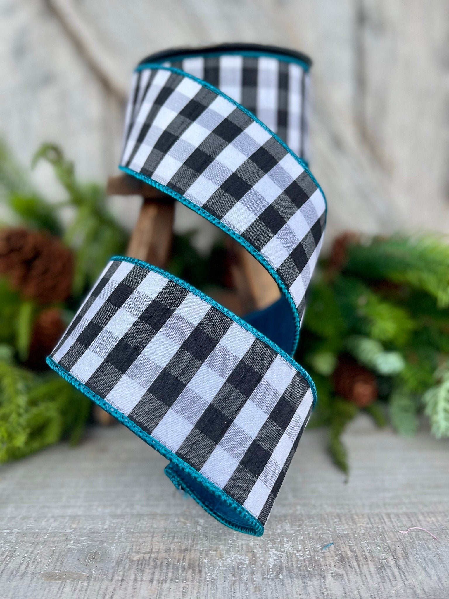 2.5" Turquoise Black and White Check Ribbon, Farrisilk Ribbon, WIred Ribbon