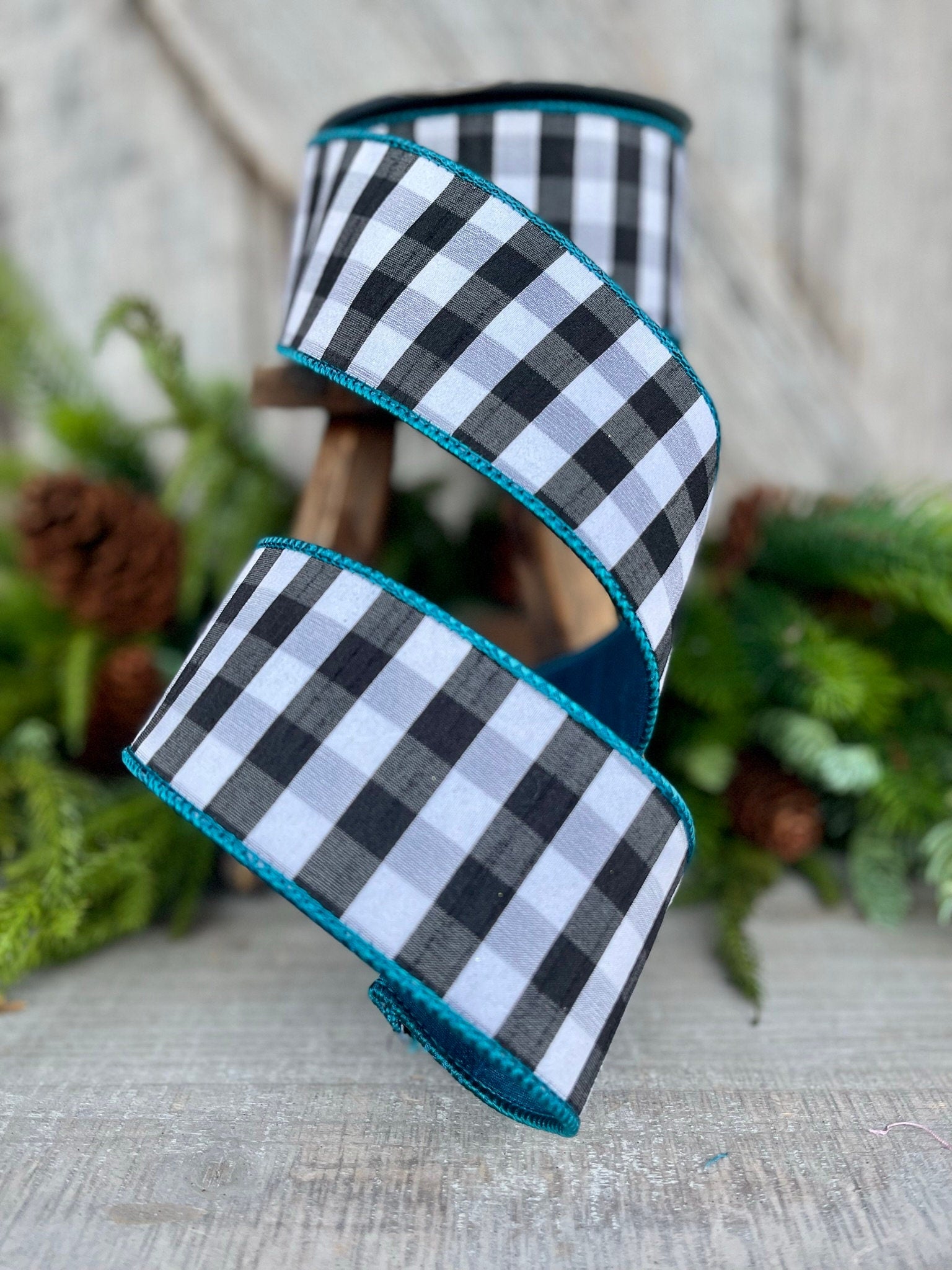 2.5" Turquoise Black and White Check Ribbon, Farrisilk Ribbon, WIred Ribbon