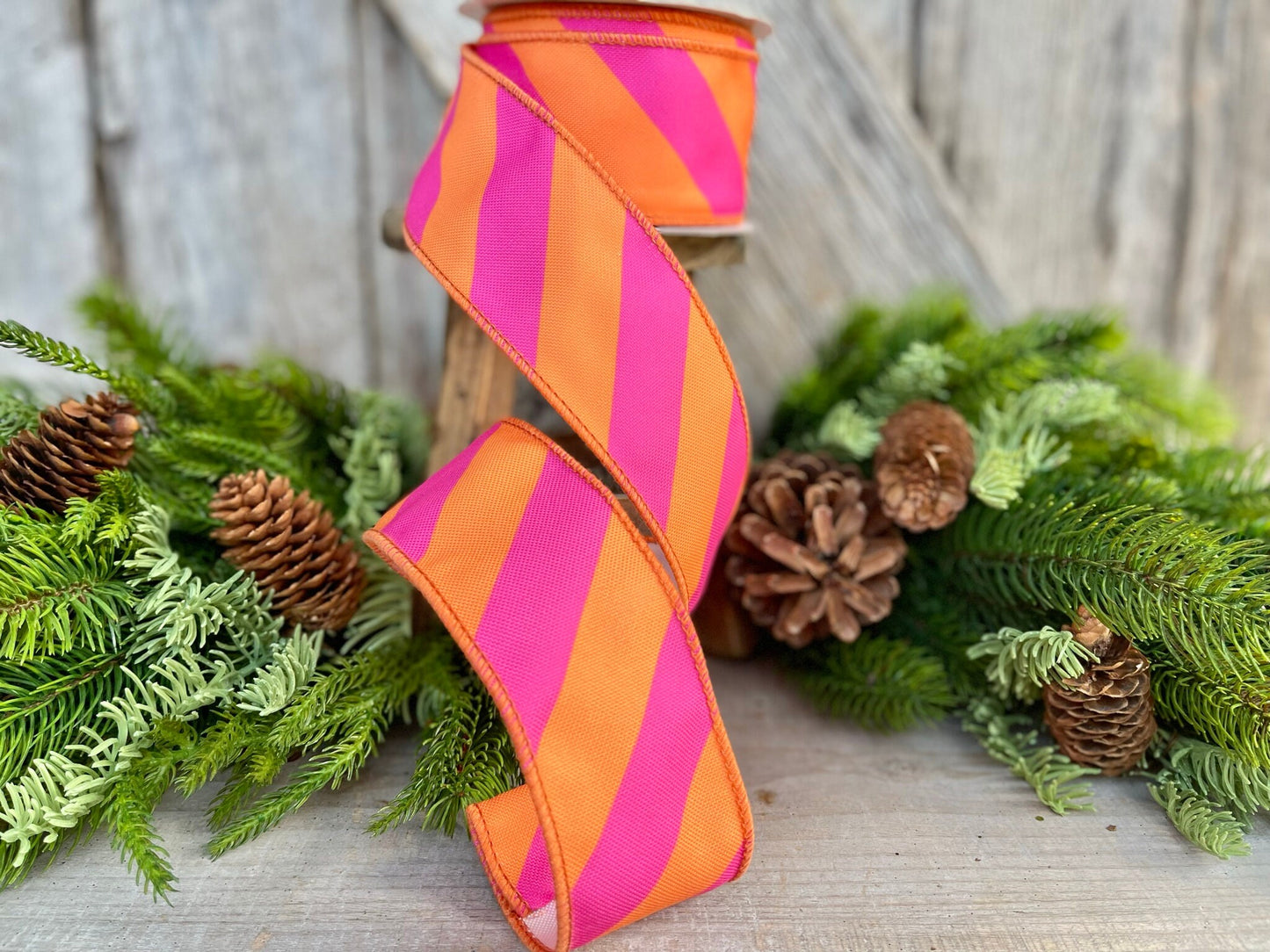 2.5" Orange & Pink Diagonal Stripe Ribbon, Christmas Ribbon