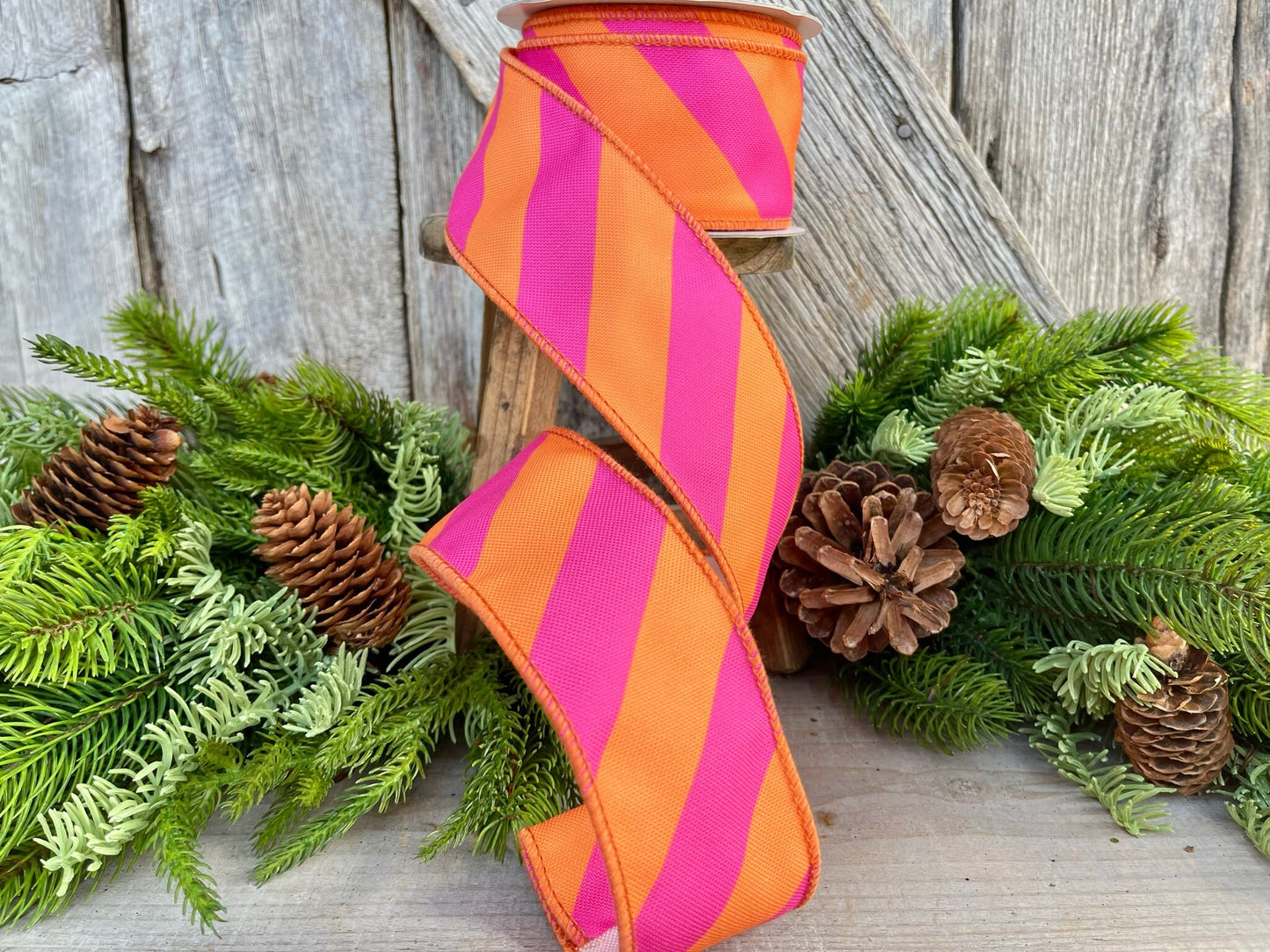 2.5" Orange & Pink Diagonal Stripe Ribbon, Christmas Ribbon