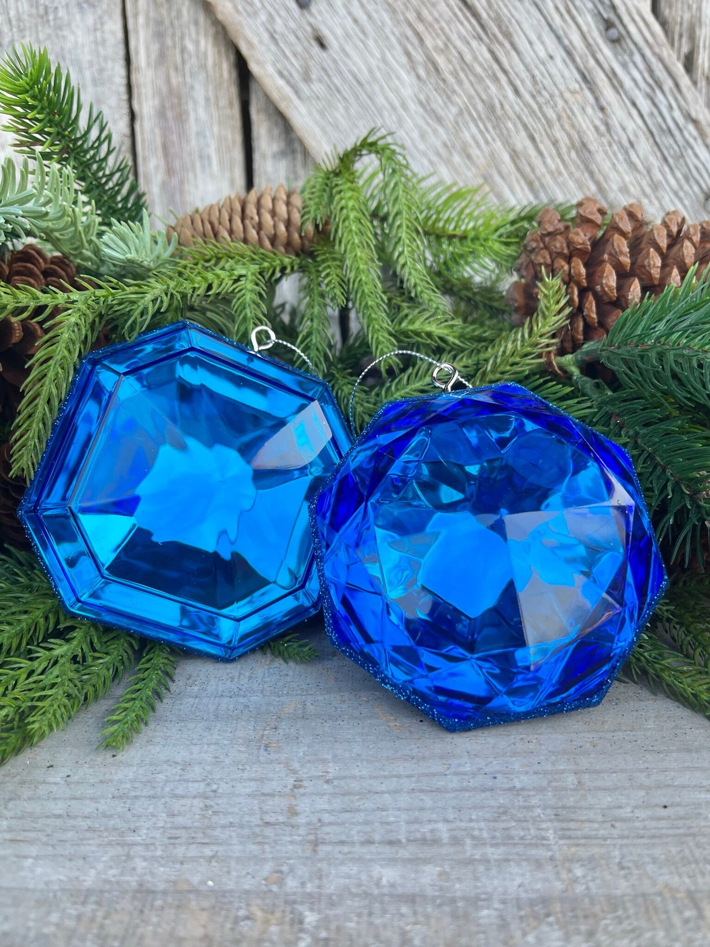 Set of 2 5" Blue Saphire Jewel Ornament, Jewel Oramnet