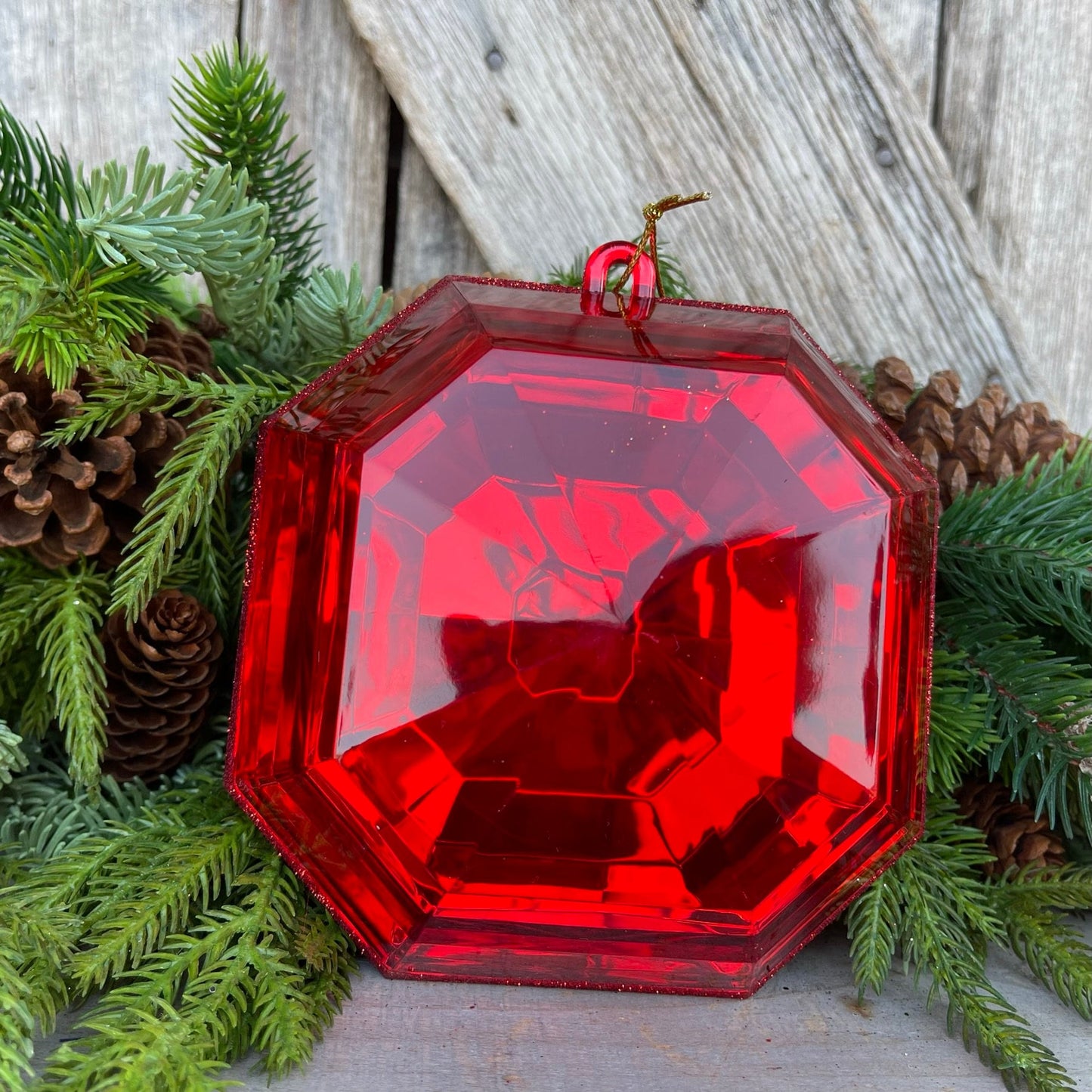 6" Red Square Jewel, Christmas Jewel Ornament, Farrisilk jewel, Gem Ornament, Christmas Ornament, Red Emerald Cut Diamond Christmas Ornament