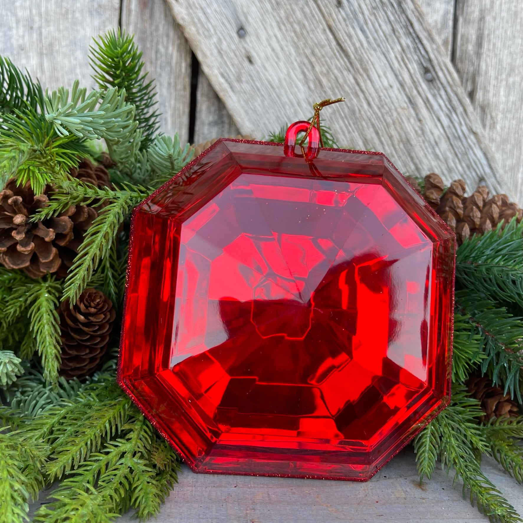 6" Red Square Jewel, Christmas Jewel Ornament, Farrisilk jewel, Gem Ornament, Christmas Ornament, Red Emerald Cut Diamond Christmas Ornament