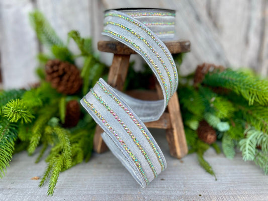 1.5" Silver Iridescent Jeweled Stripe Ribbon, Farrisilk Ribbon, Rhinestone Ribbon