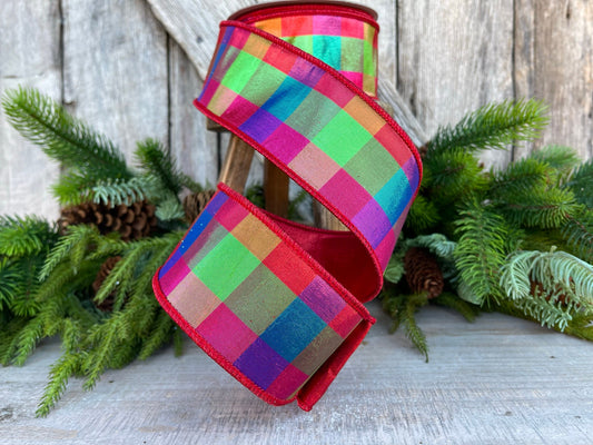 2.5" Color Checks Christmas RIbbon, Farrisilk Ribbon, Designer Ribbon