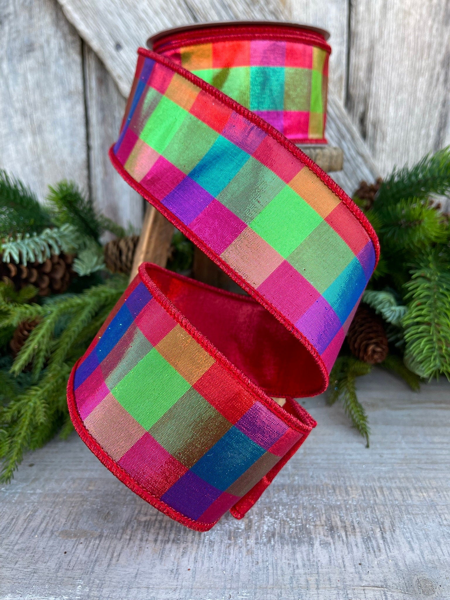 2.5" Color Checks Christmas RIbbon, Farrisilk Ribbon, Designer Ribbon