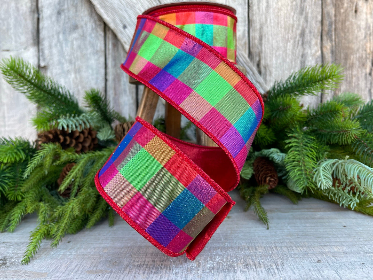 2.5" Color Checks Christmas RIbbon, Farrisilk Ribbon, Designer Ribbon