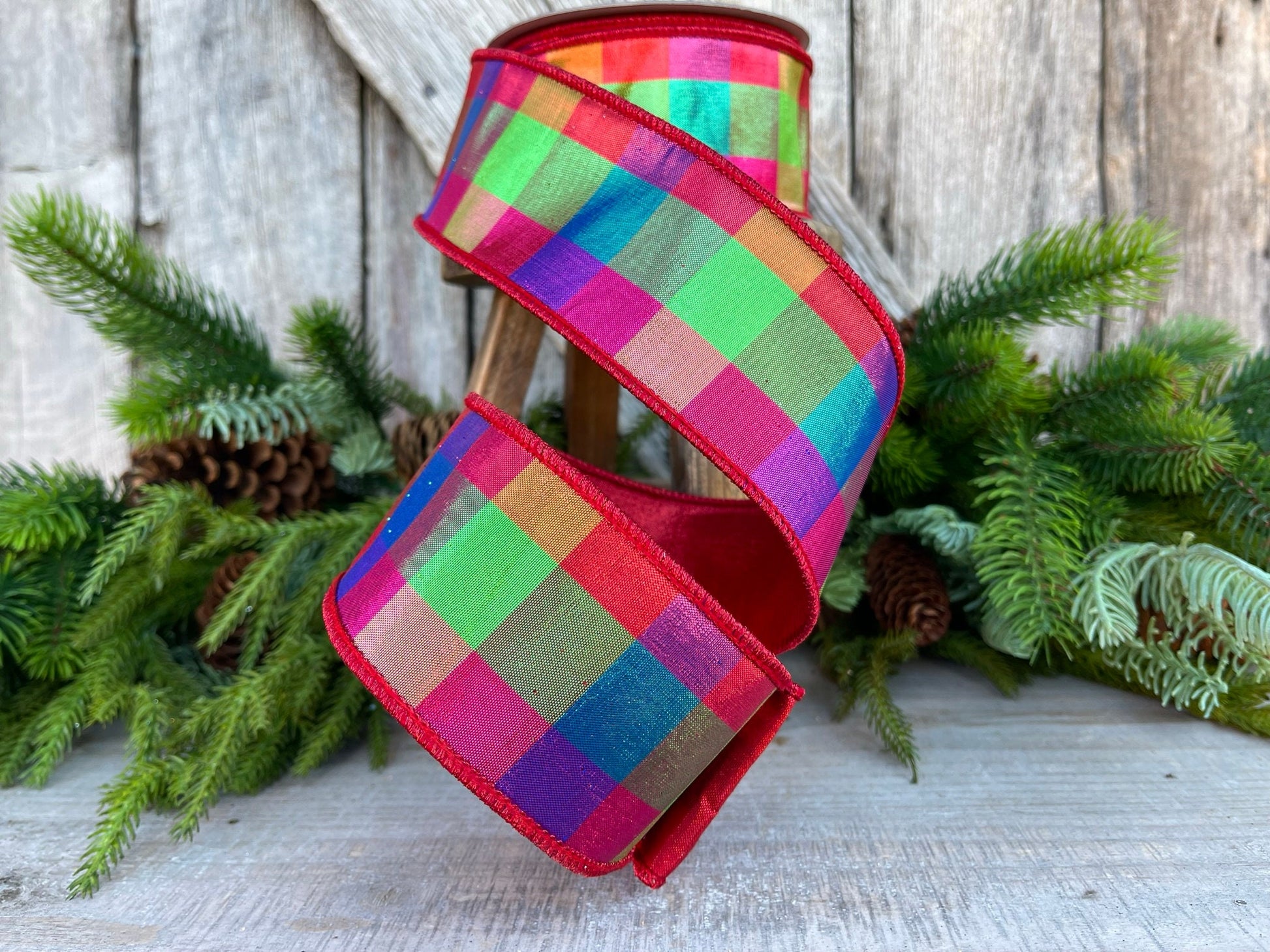 2.5" Color Checks Christmas RIbbon, Farrisilk Ribbon, Designer Ribbon