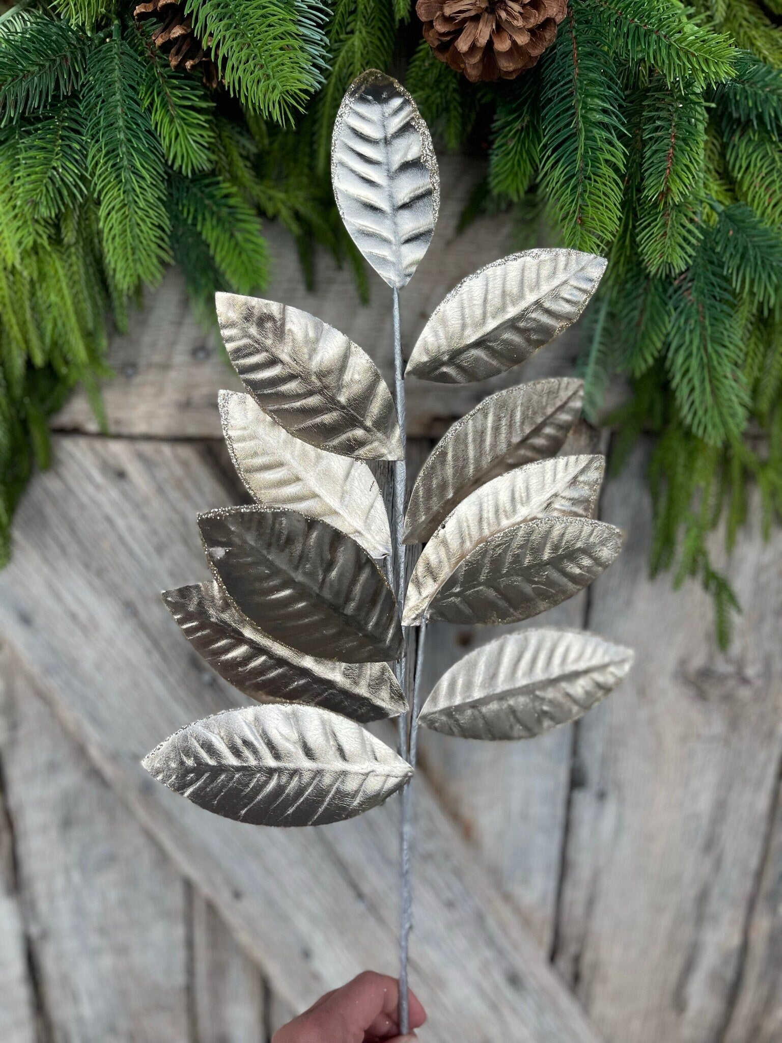 25" Champagne Metallic Leaf Spray, Christmas Leaves Spray, Christmas Floral Stem